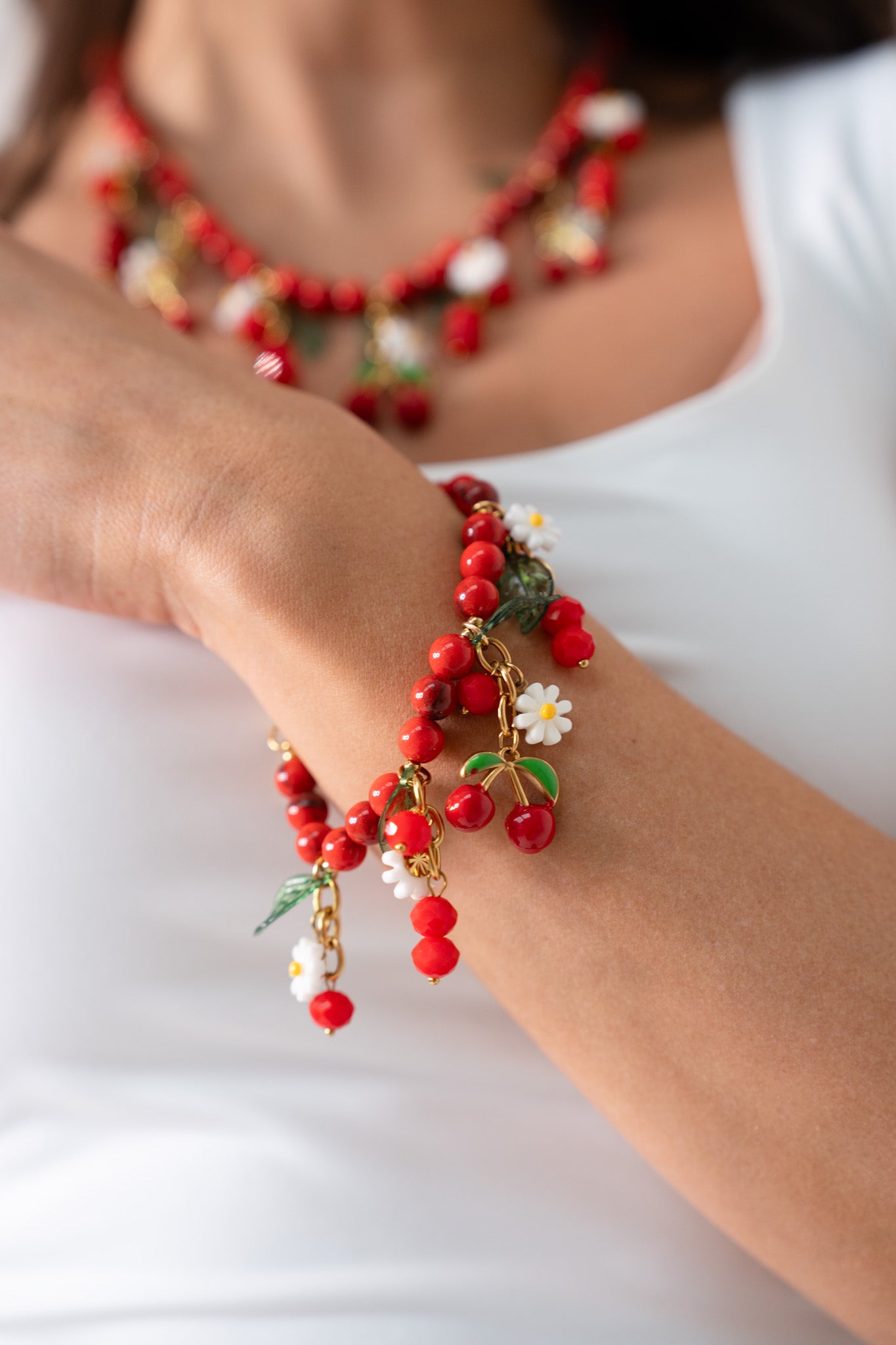 Olive Cherry Charm Bracelet In Red