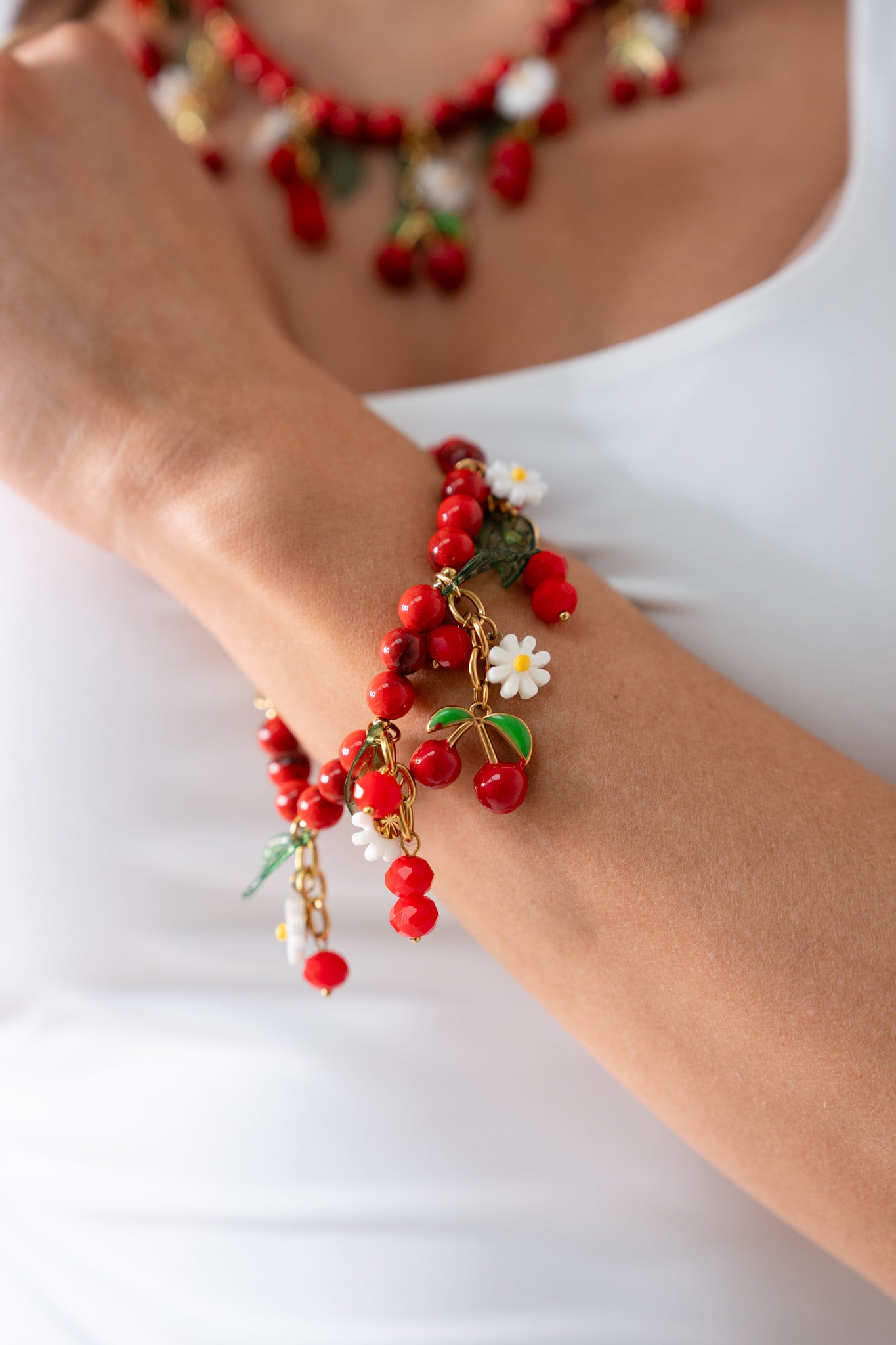 Olive Cherry Charm Bracelet In Red