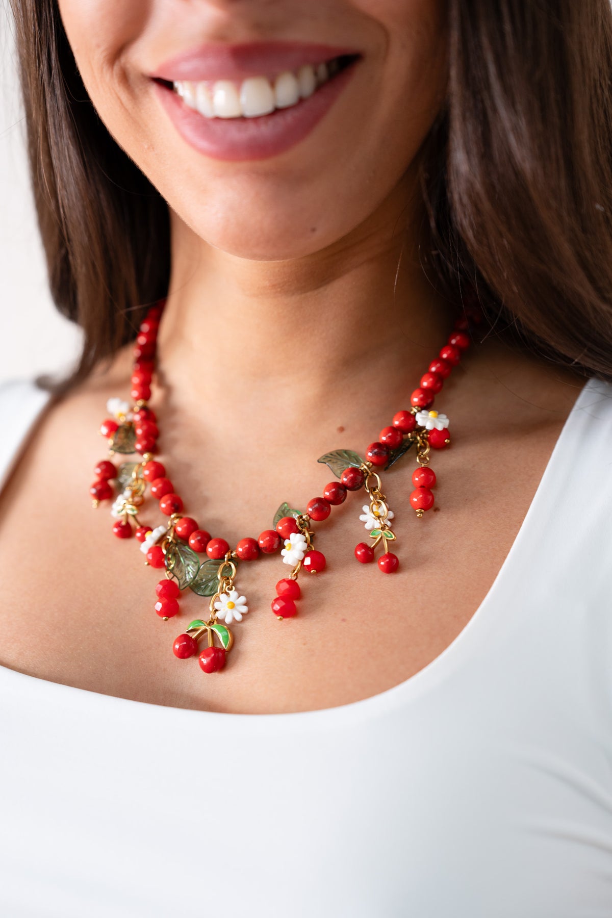 Olive Cherry Charm Necklace In Red