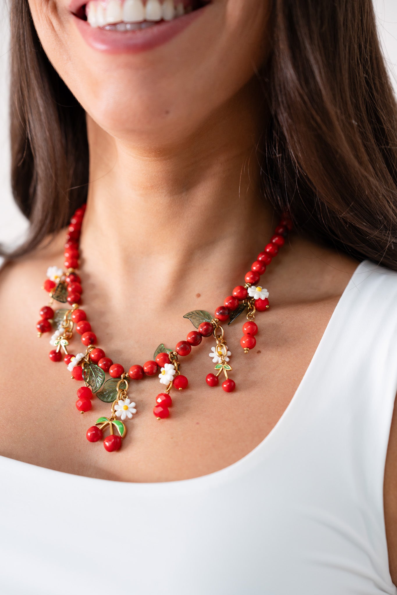 Olive Cherry Charm Necklace In Red