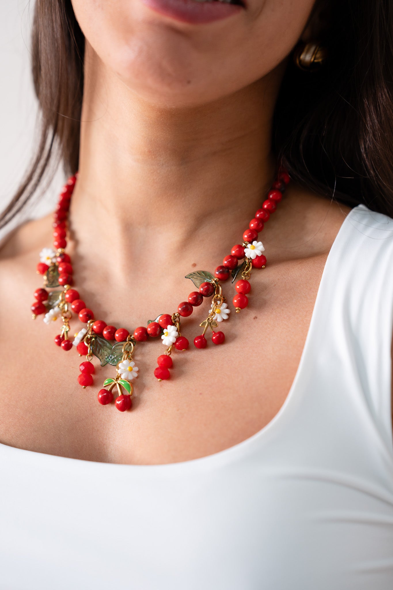 Olive Cherry Charm Necklace In Red