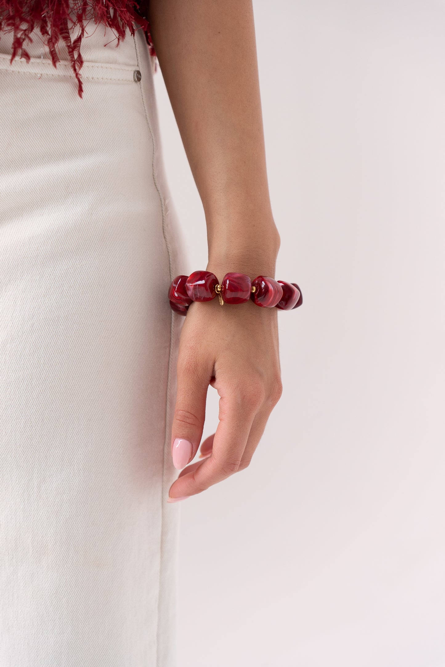 Olive Chunky Beaded Bracelet In Burgundy