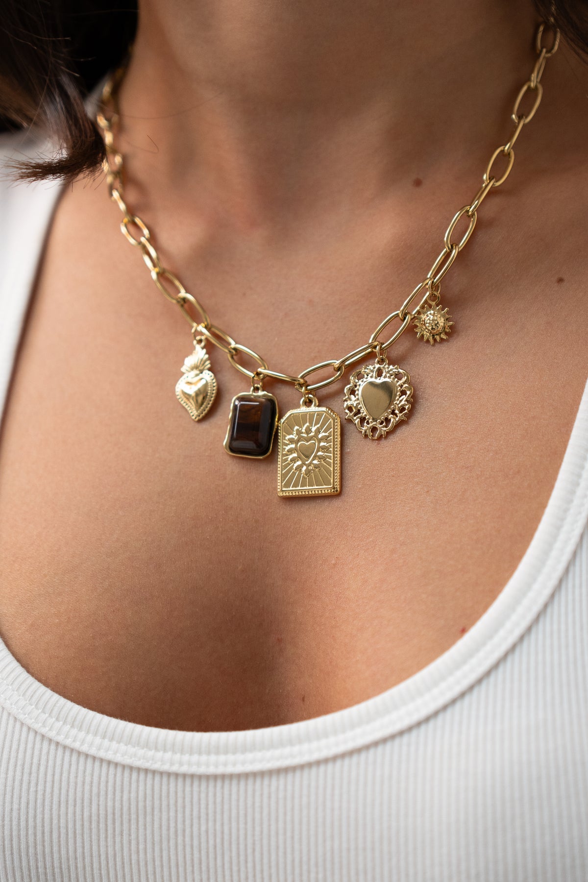 Olive Heart Charm Necklace In Gold