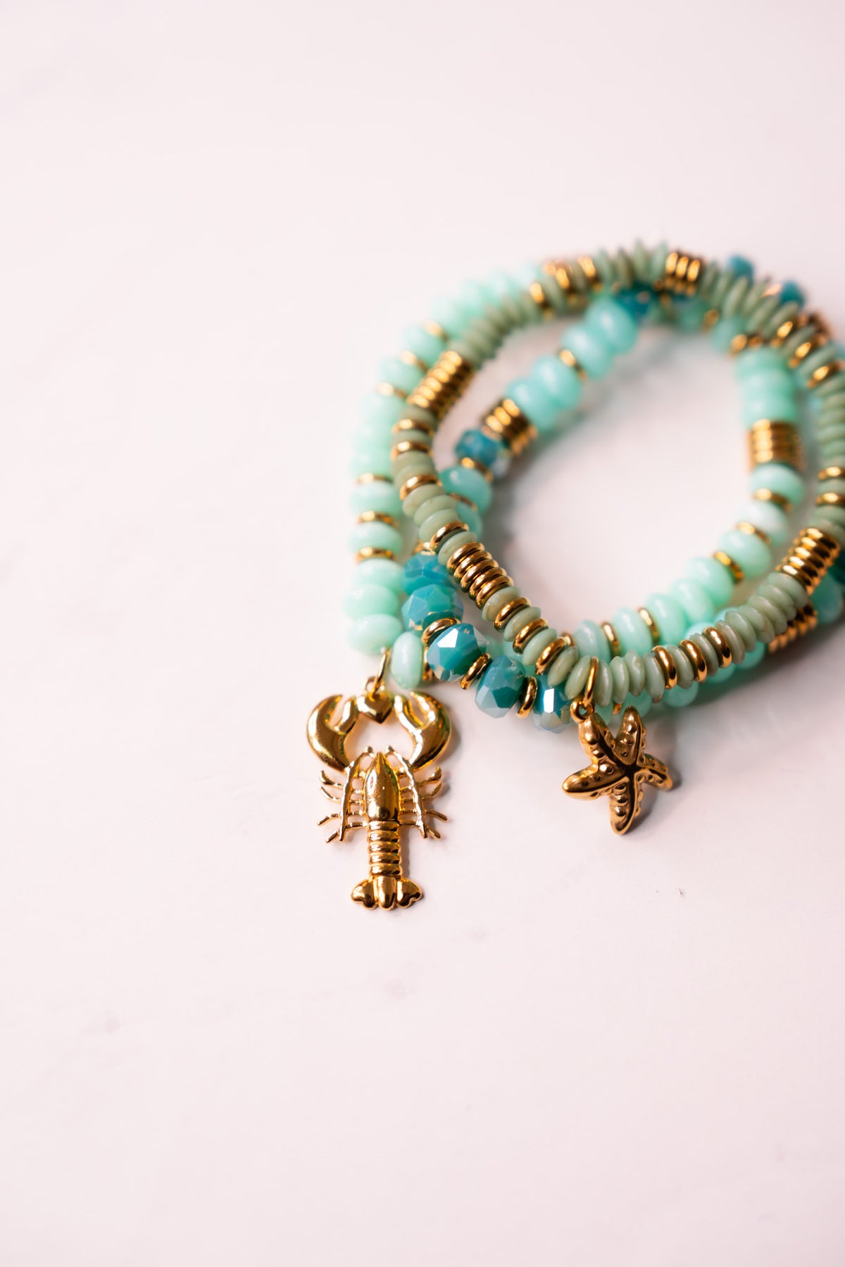 Olive Set Of 3 Beaded Charm Bracelets In Turquoise