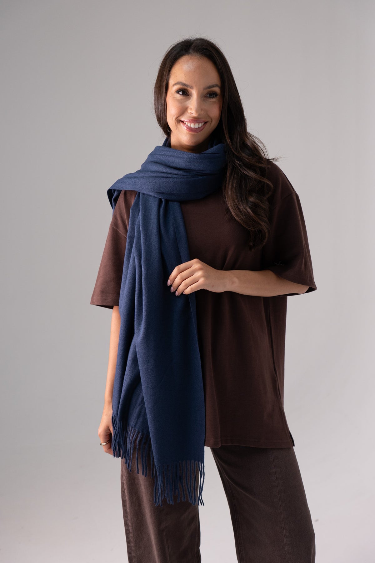 Orla Luxe Tassel Scarf In Dark Blue