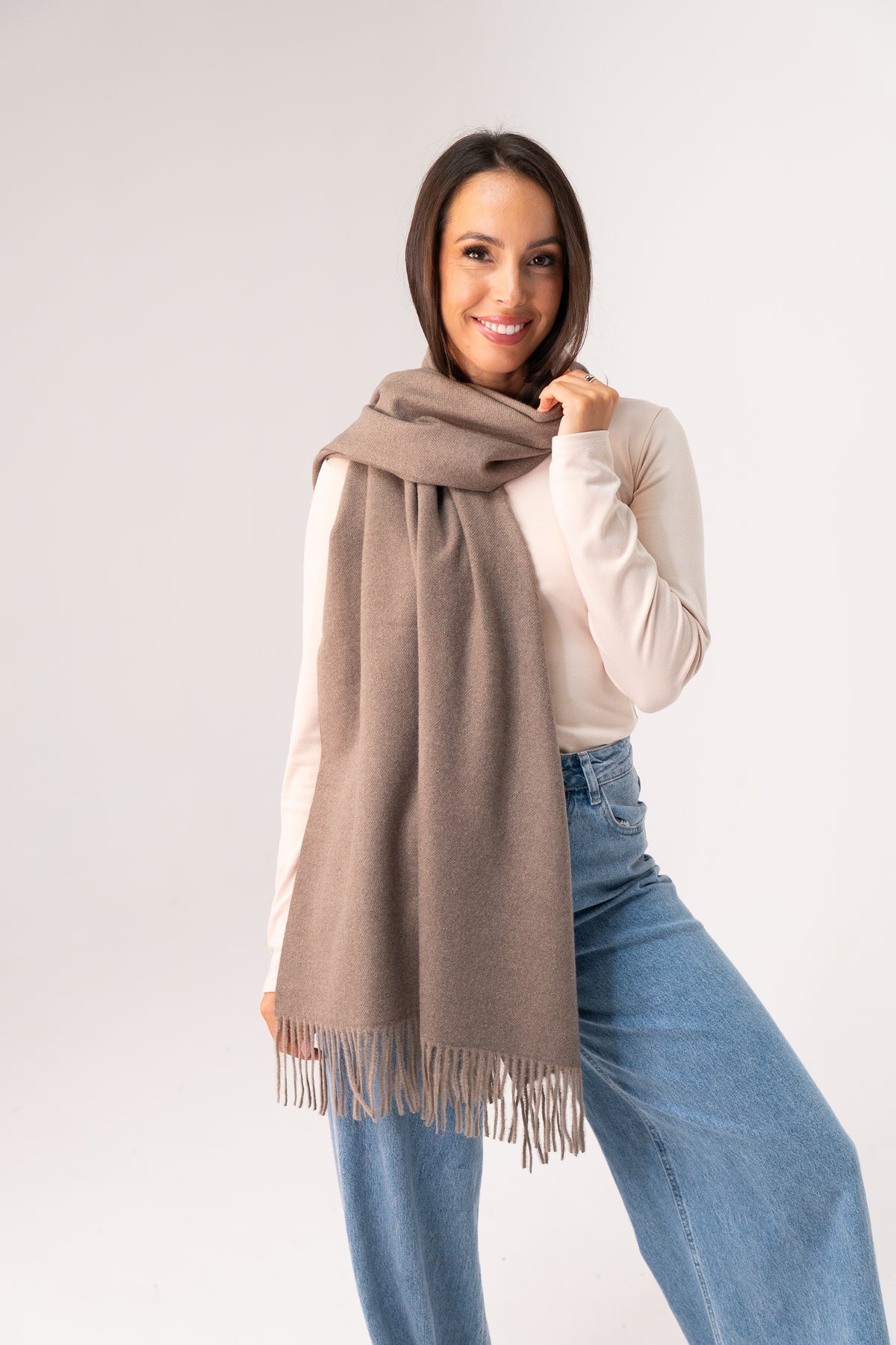 Orla Luxe Tassel Scarf In Taupe