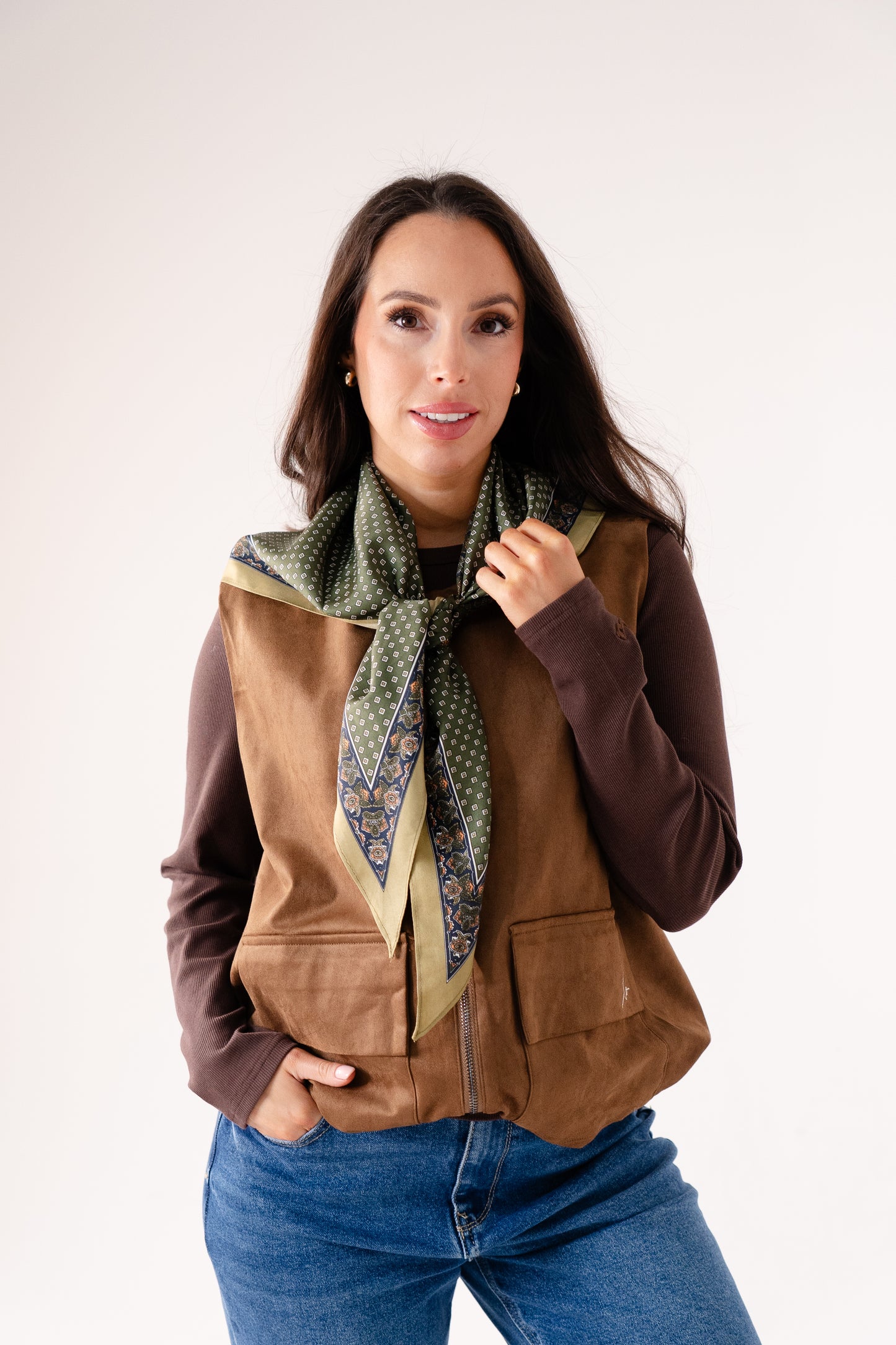 Orla Square Print Neck Scarf In Olive Mix