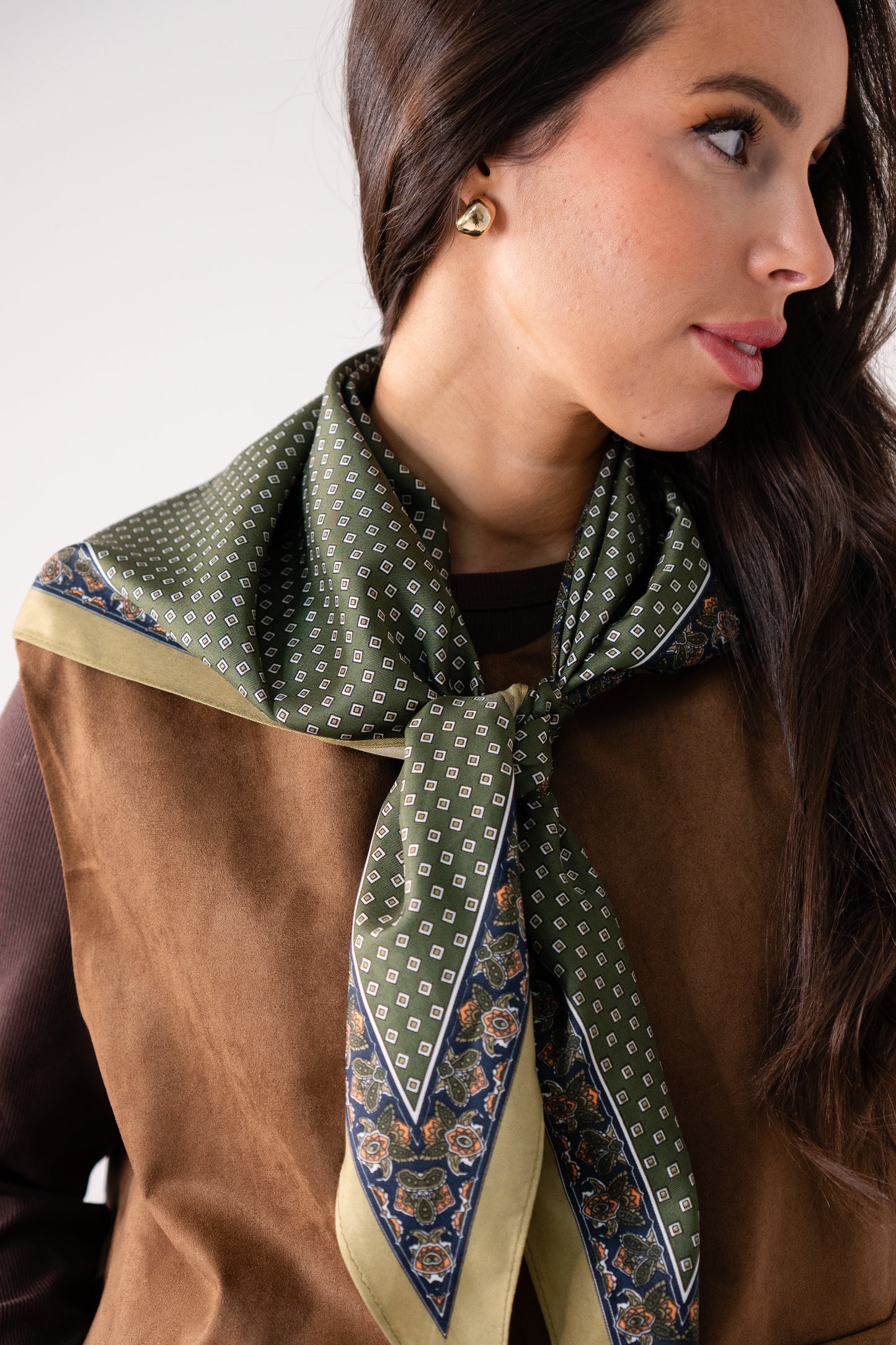 Orla Square Print Neck Scarf In Olive Mix