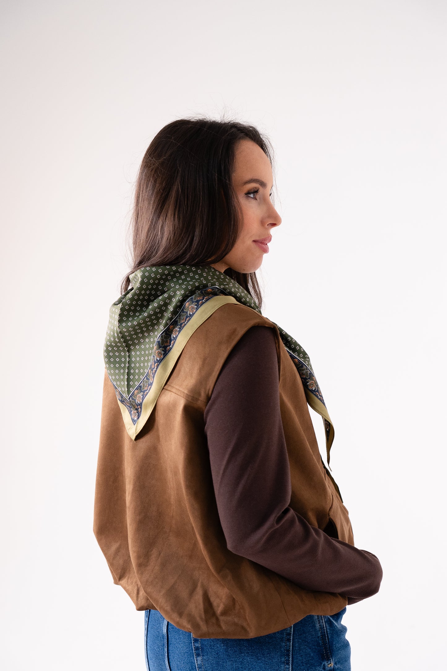 Orla Square Print Neck Scarf In Olive Mix