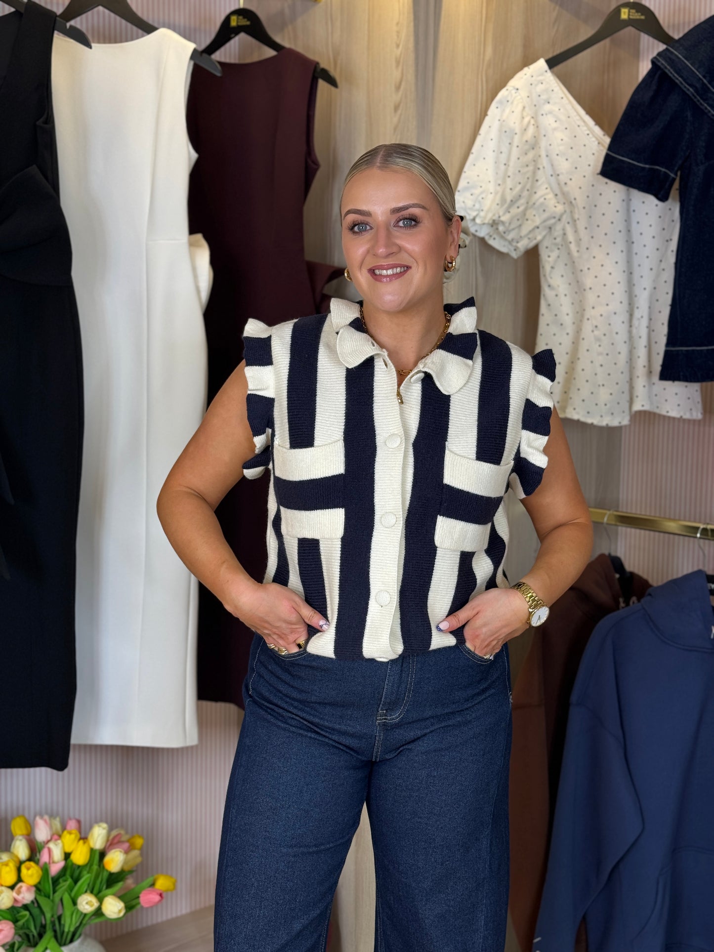 Holly Stripe Sleeveless Knit In Navy Mix