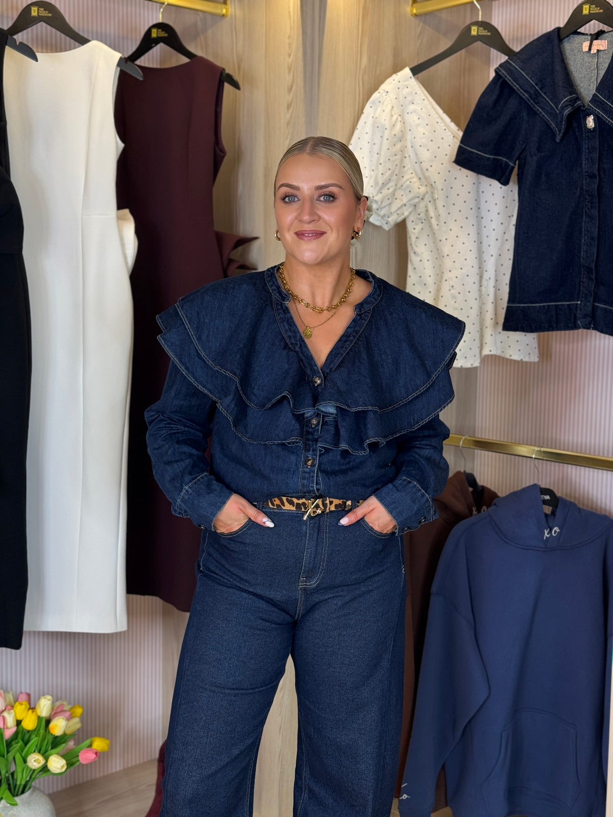 Cora Frill Collar Denim Shirt In Dark Wash