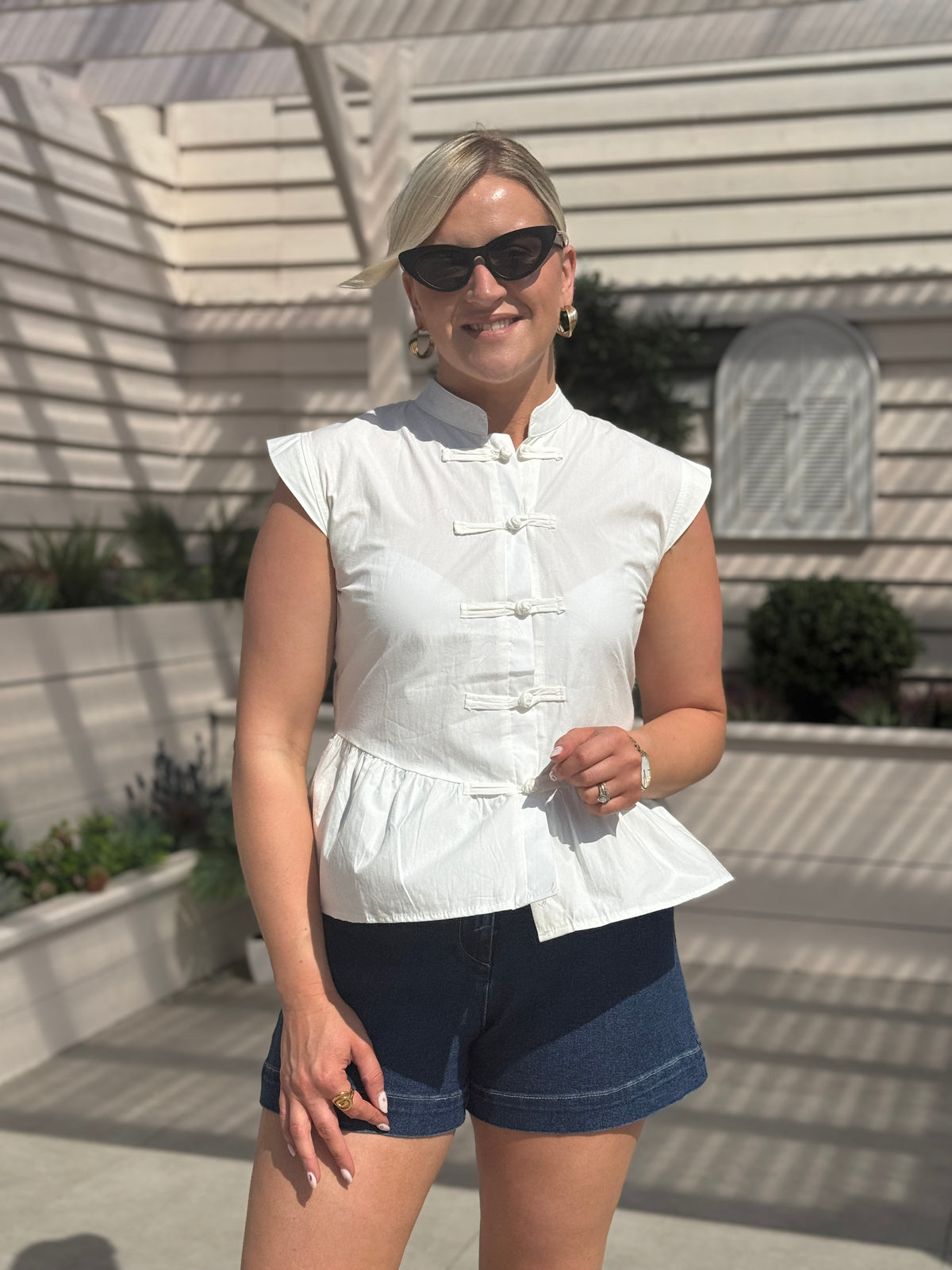 Kiera Mandarin Collar Peplum Top In White