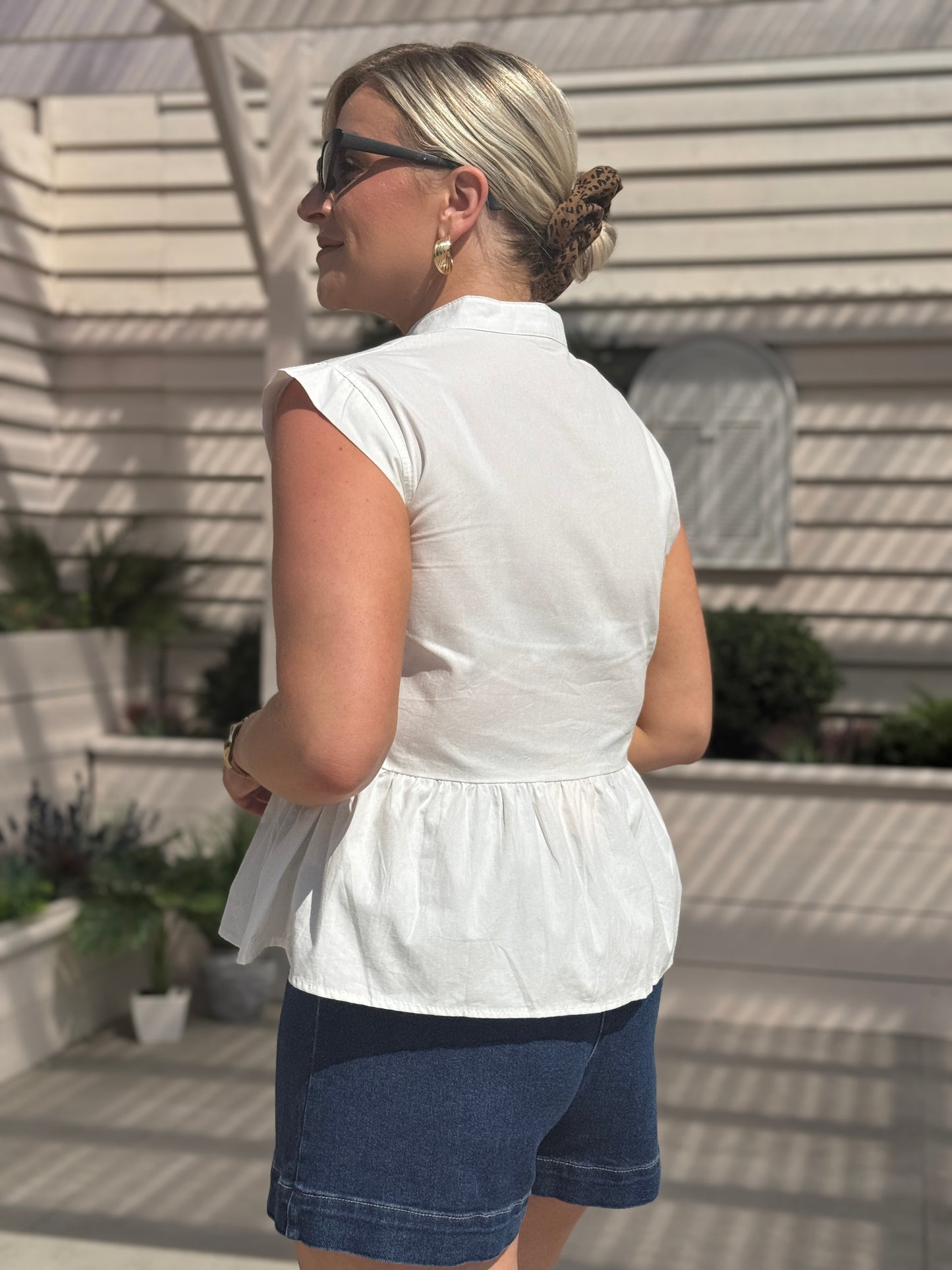 Kiera Mandarin Collar Peplum Top In White