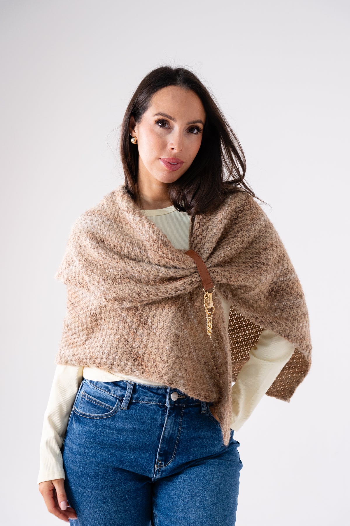 Polly Chain Detail Knit Scarf In Taupe