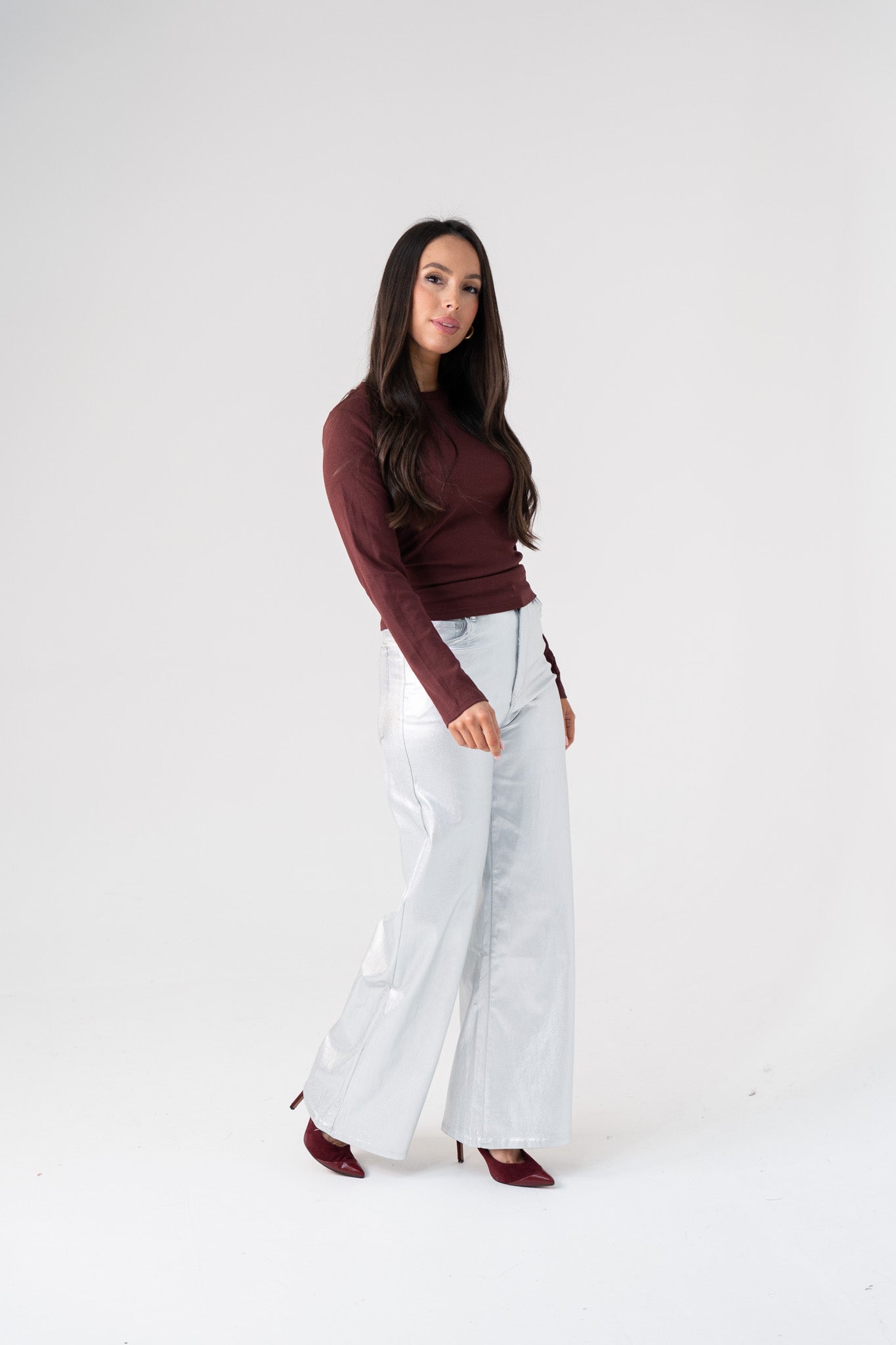 Polly Metallic Flared Trousers In Silver