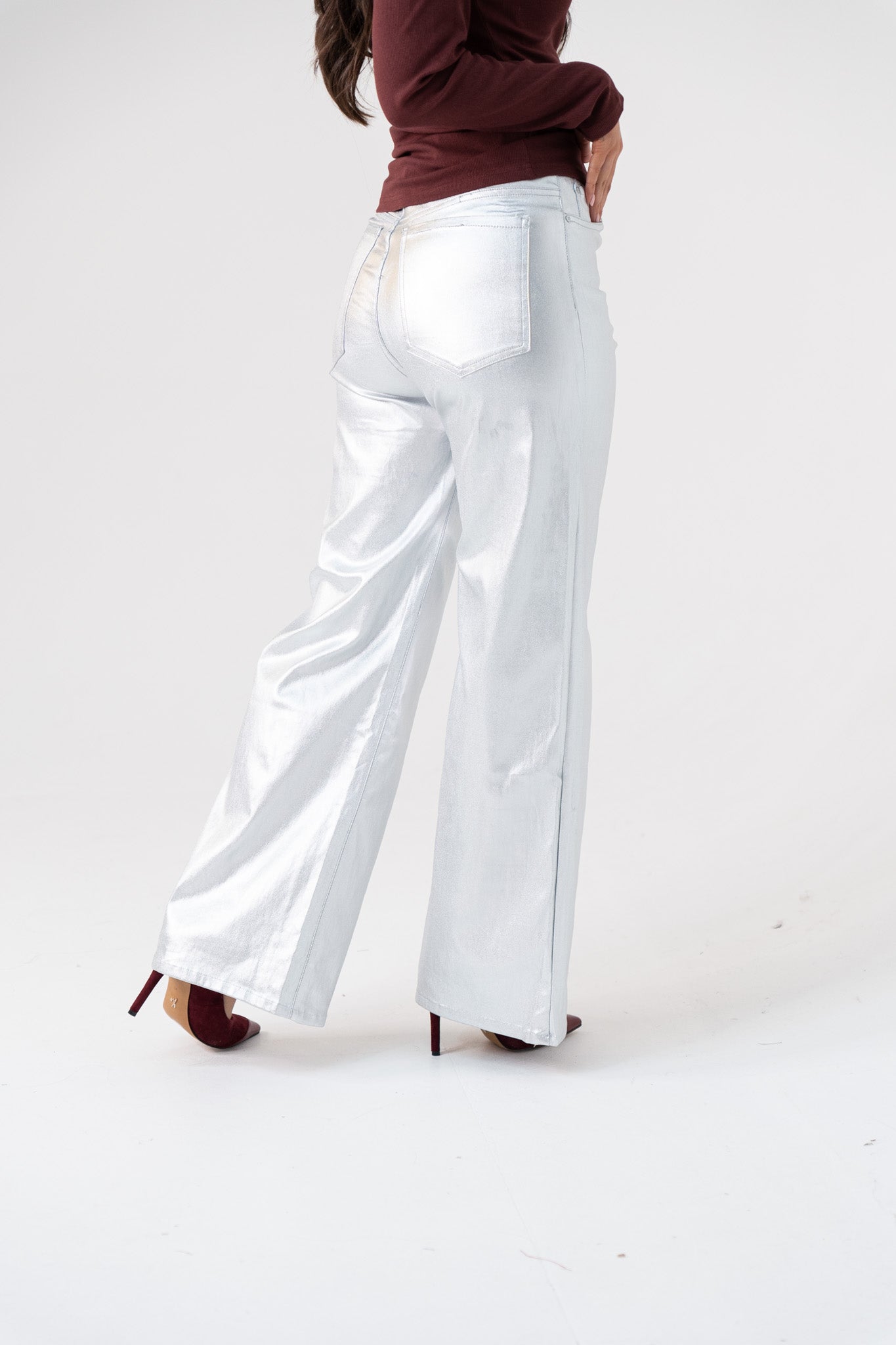 Polly Metallic Flared Trousers In Silver