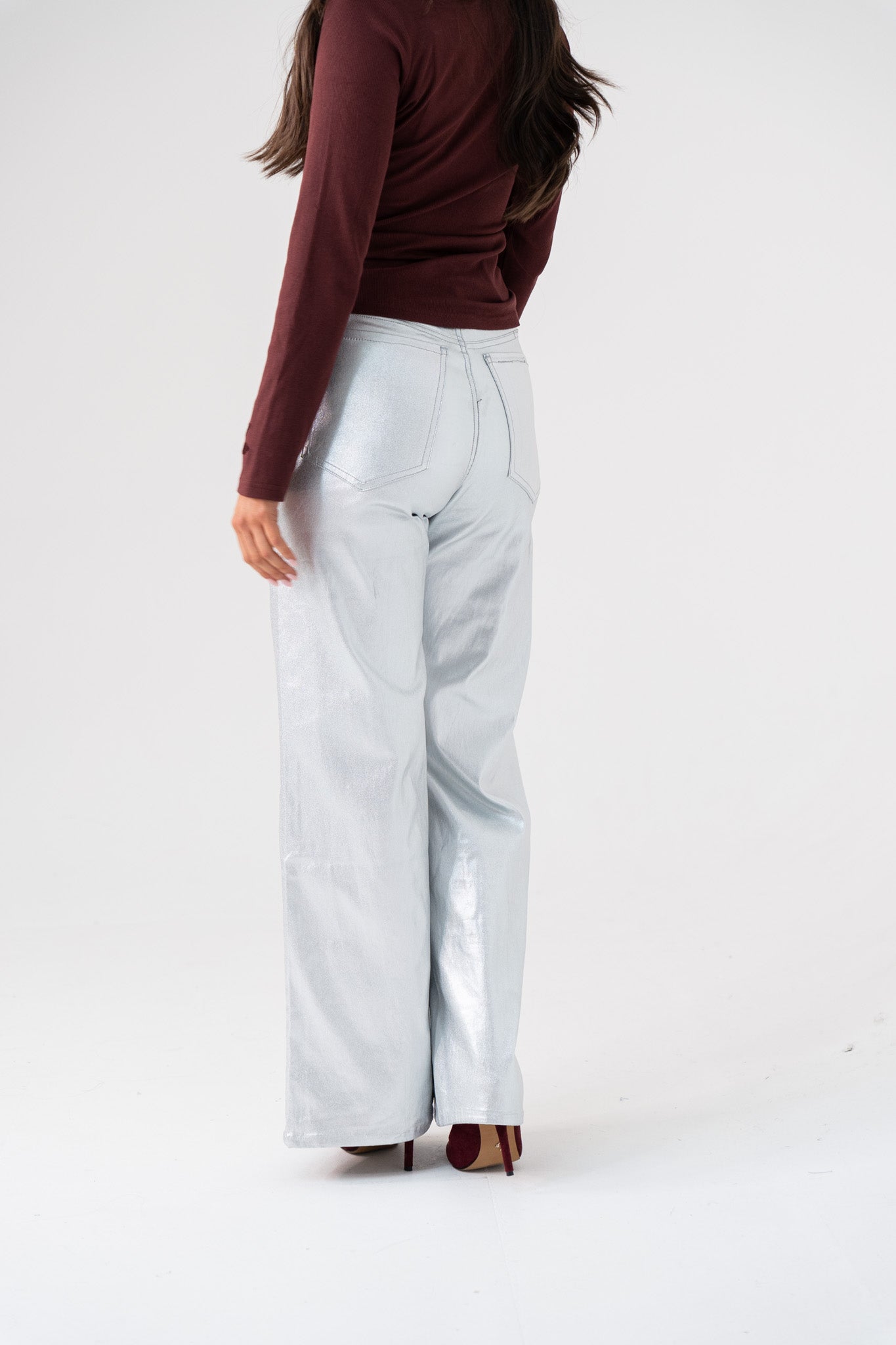 Polly Metallic Flared Trousers In Silver