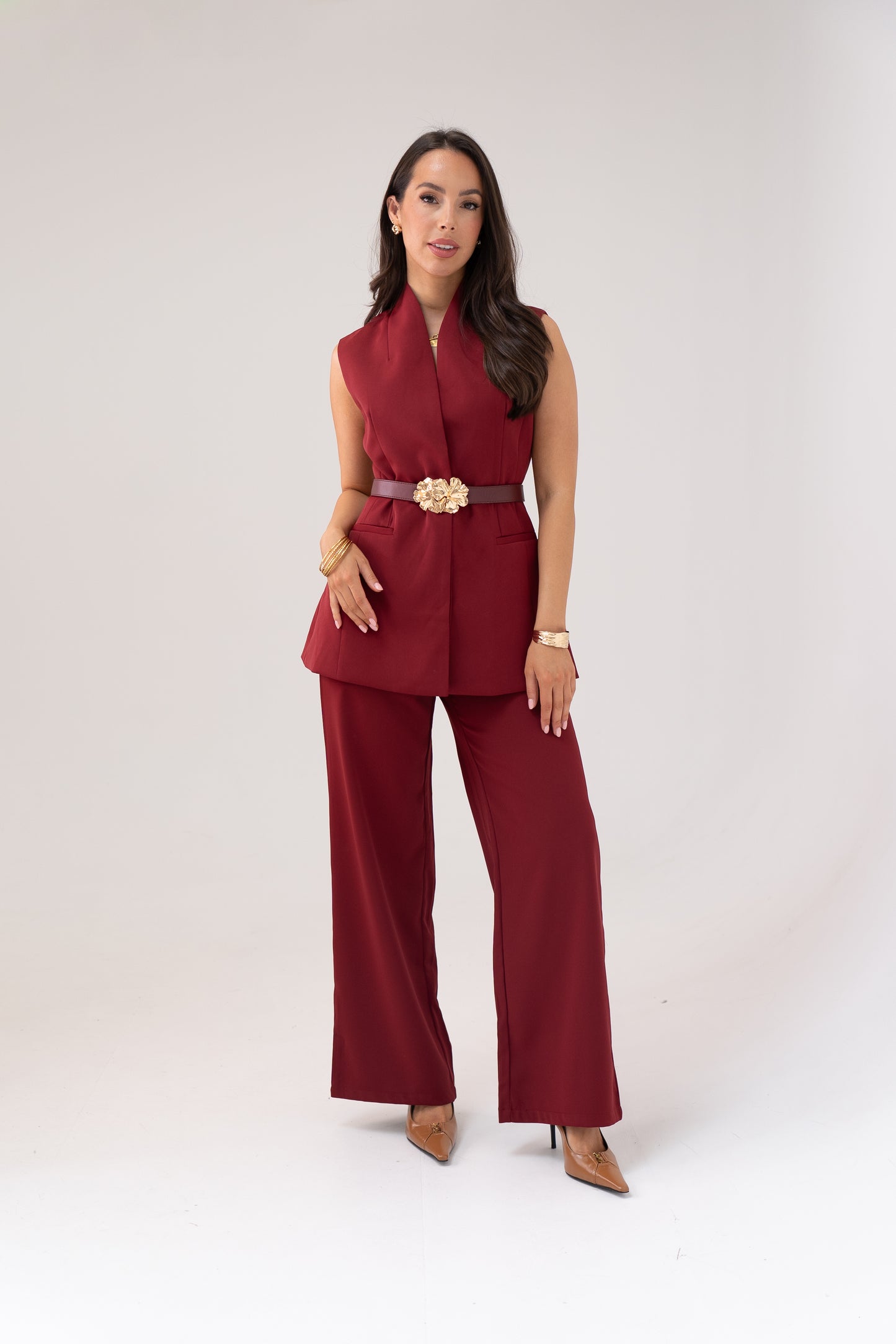 Polly Belted Waistcoat In Bordeaux