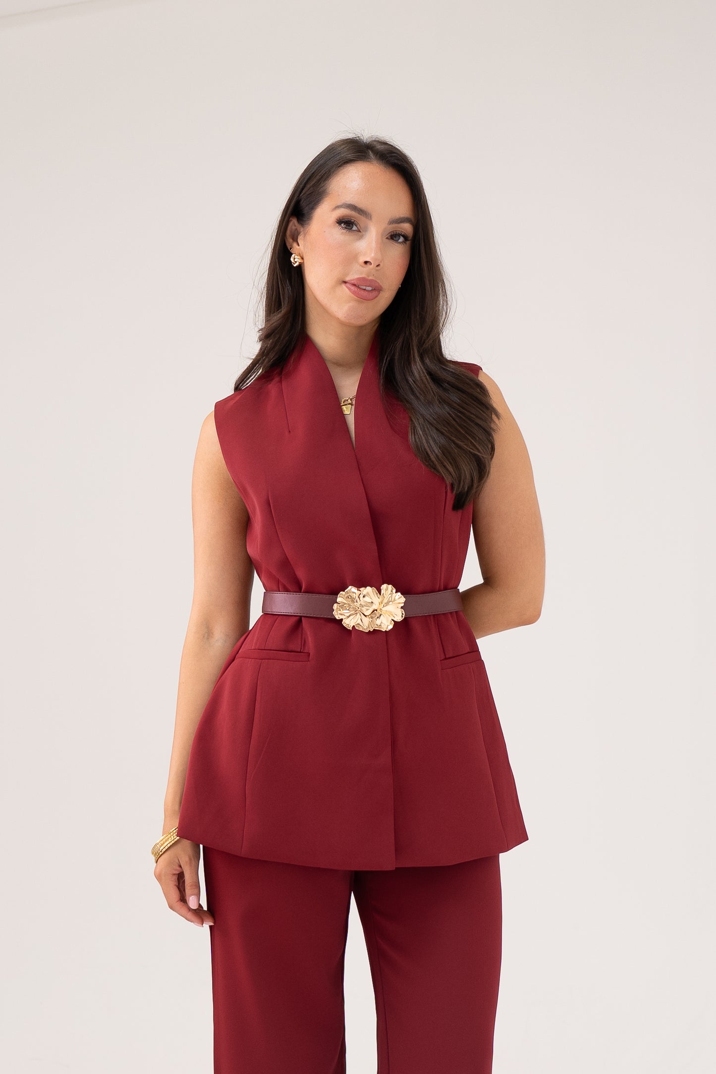 Polly Belted Waistcoat In Bordeaux