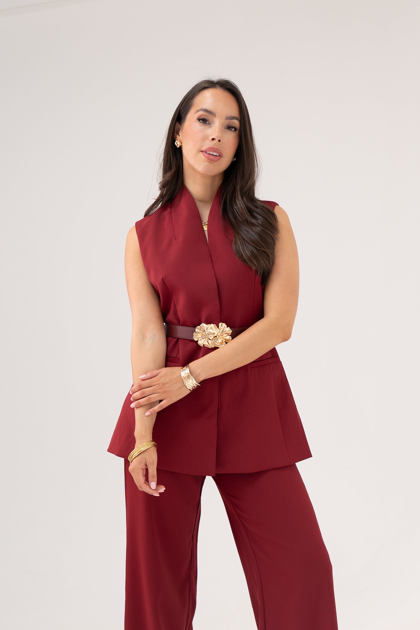 Polly Belted Waistcoat In Bordeaux