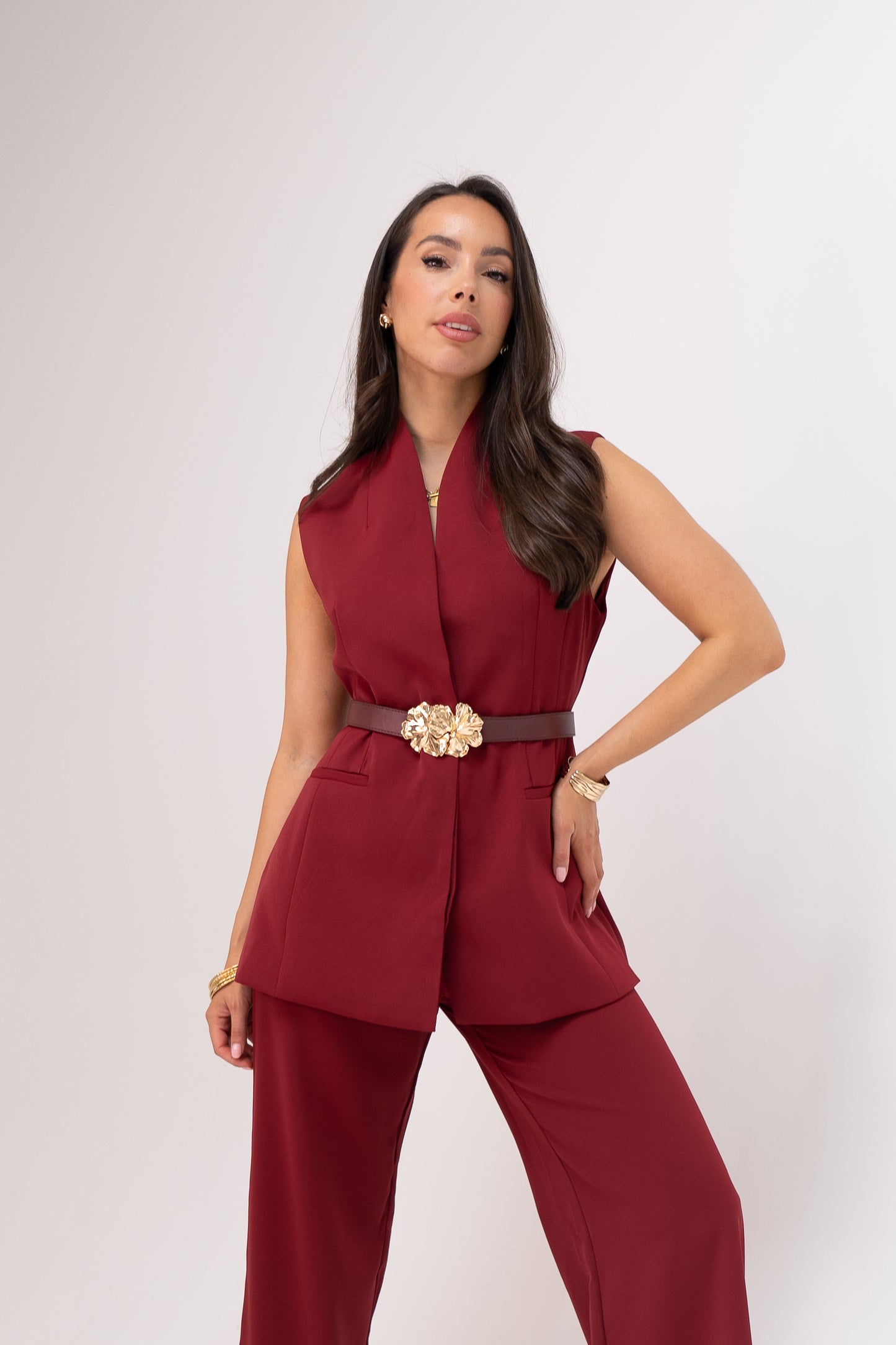 Polly Belted Waistcoat In Bordeaux