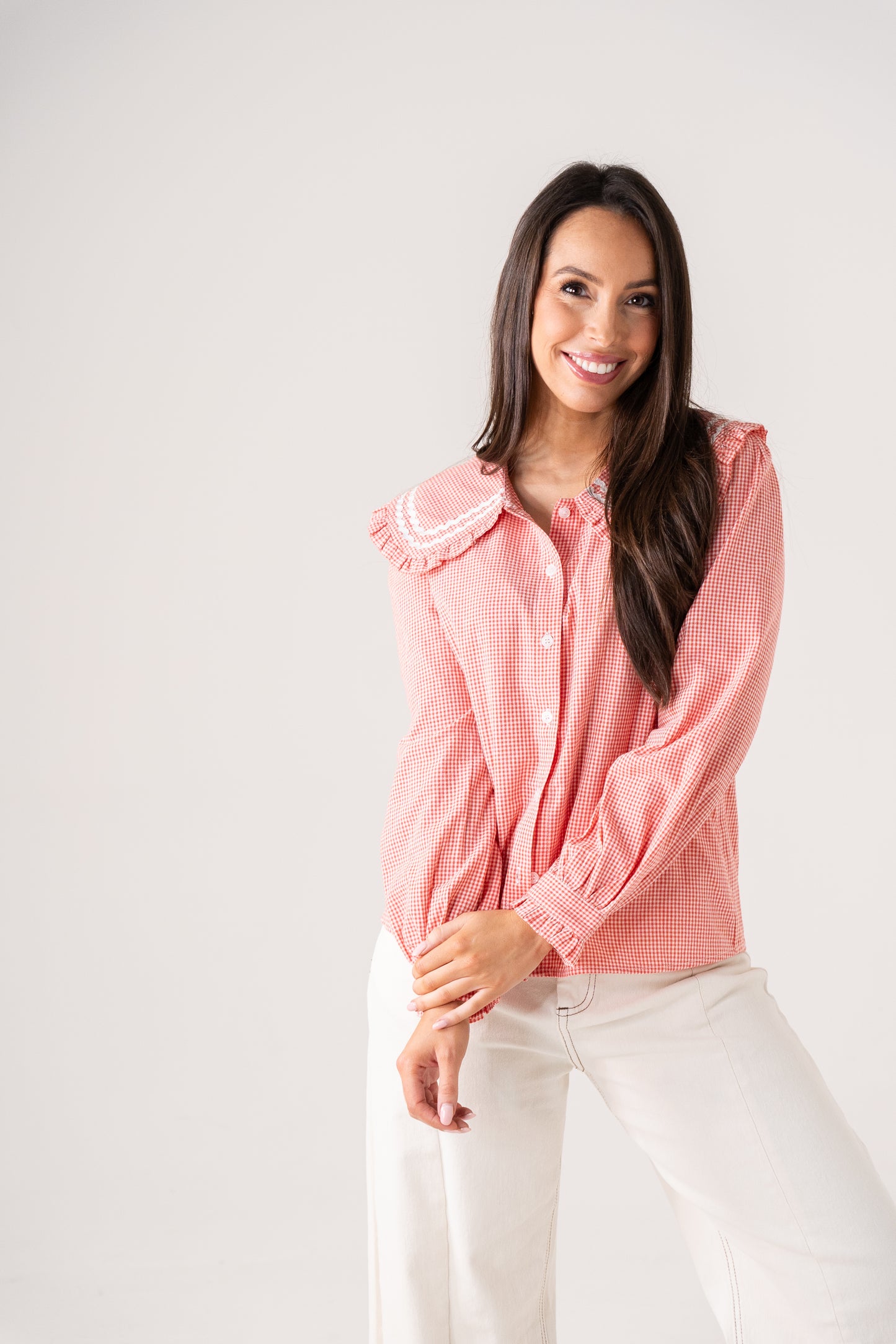 Ally Frill Collar Shirt In Red Gingham