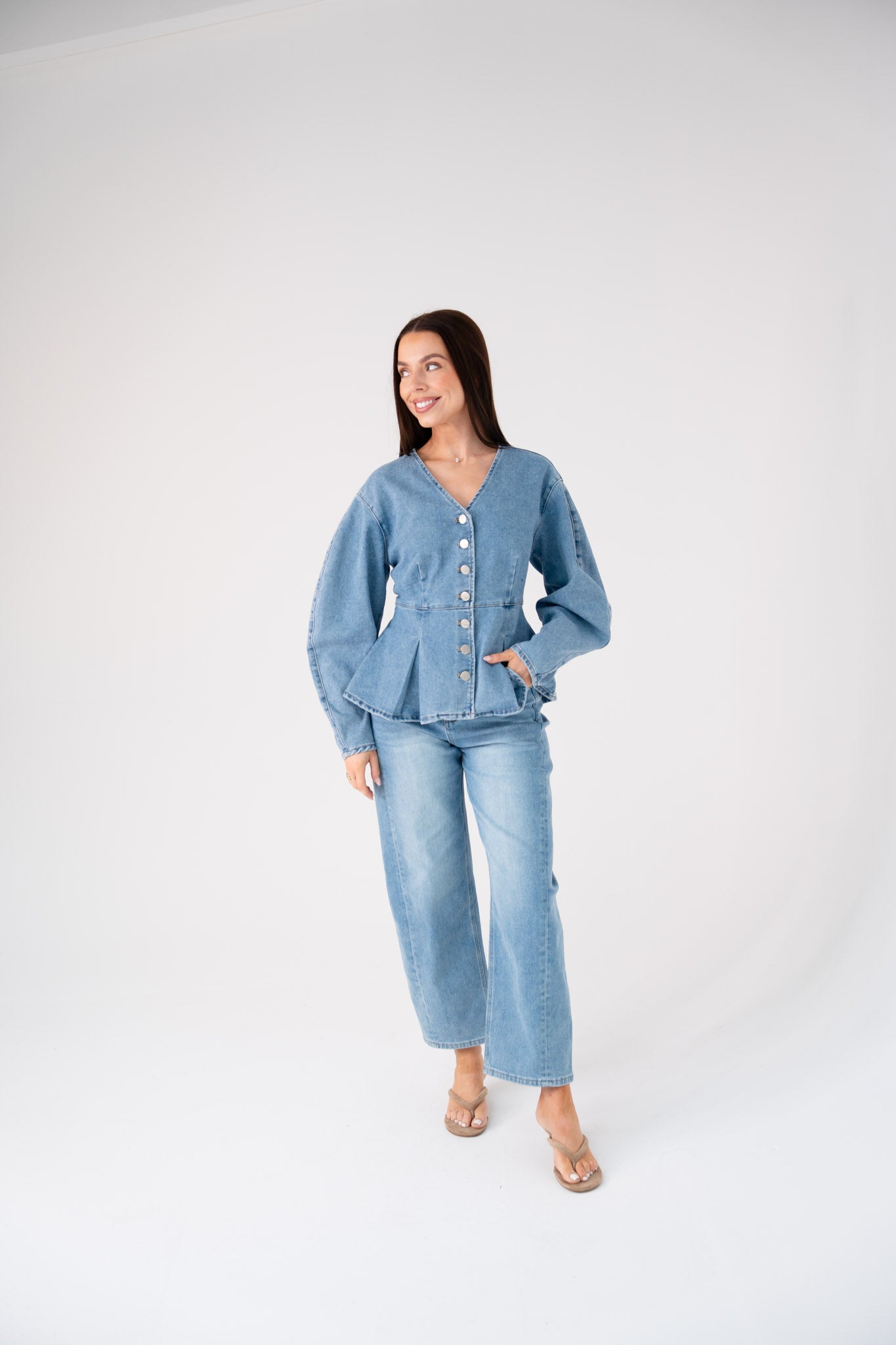 Love Laura Peplum Denim Top In Mid Wash