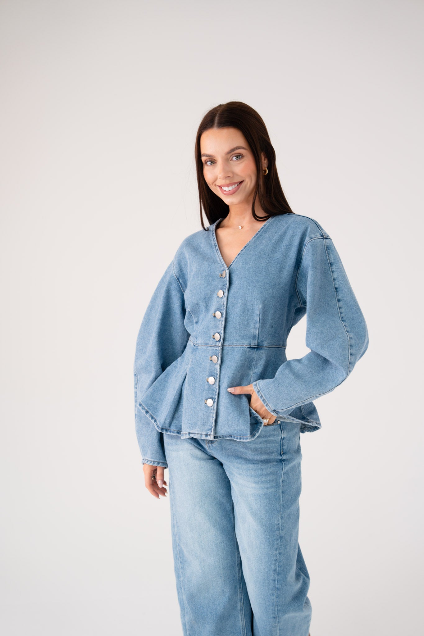 Love Laura Peplum Denim Top In Mid Wash