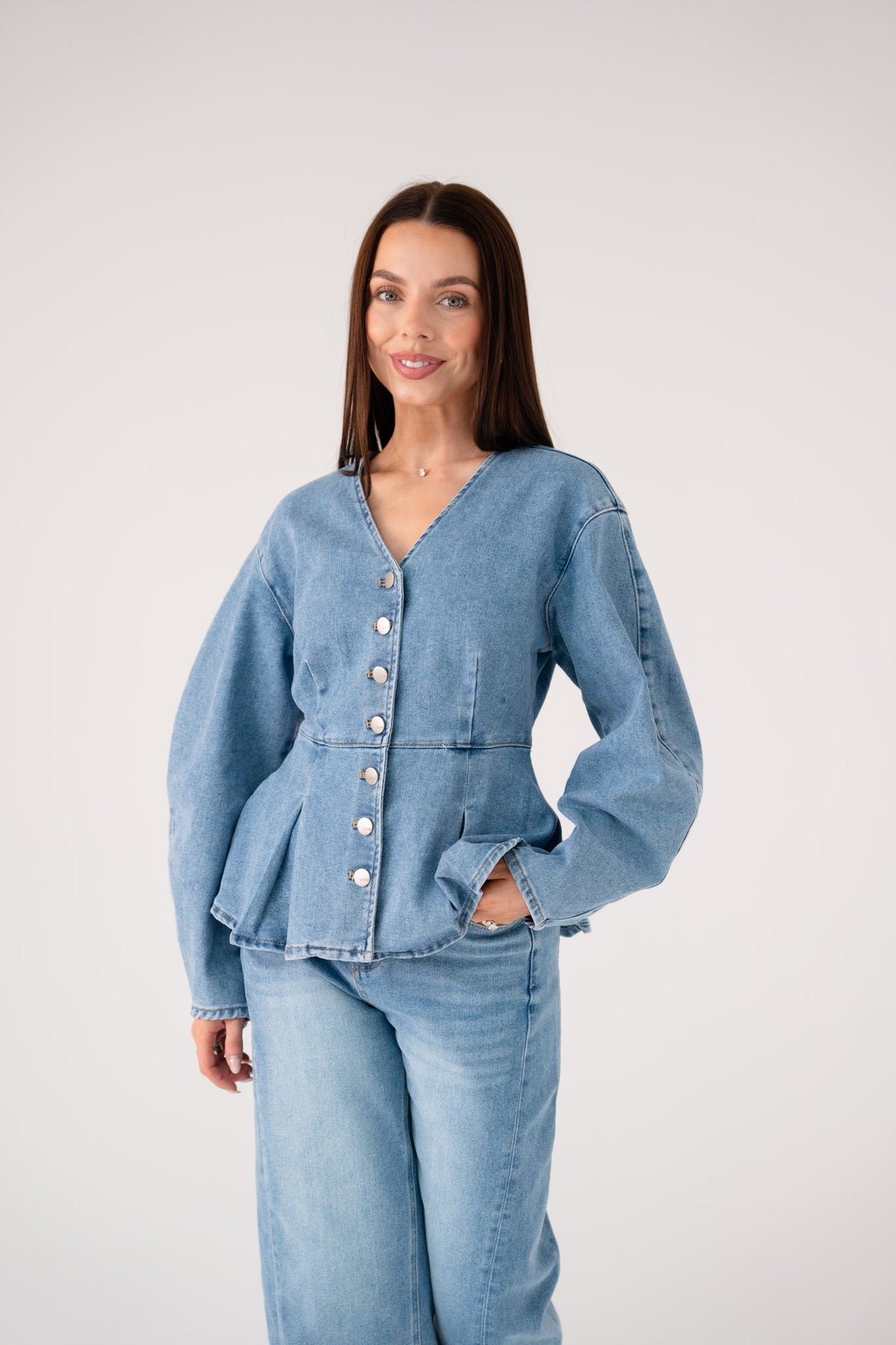 Love Laura Peplum Denim Top In Mid Wash