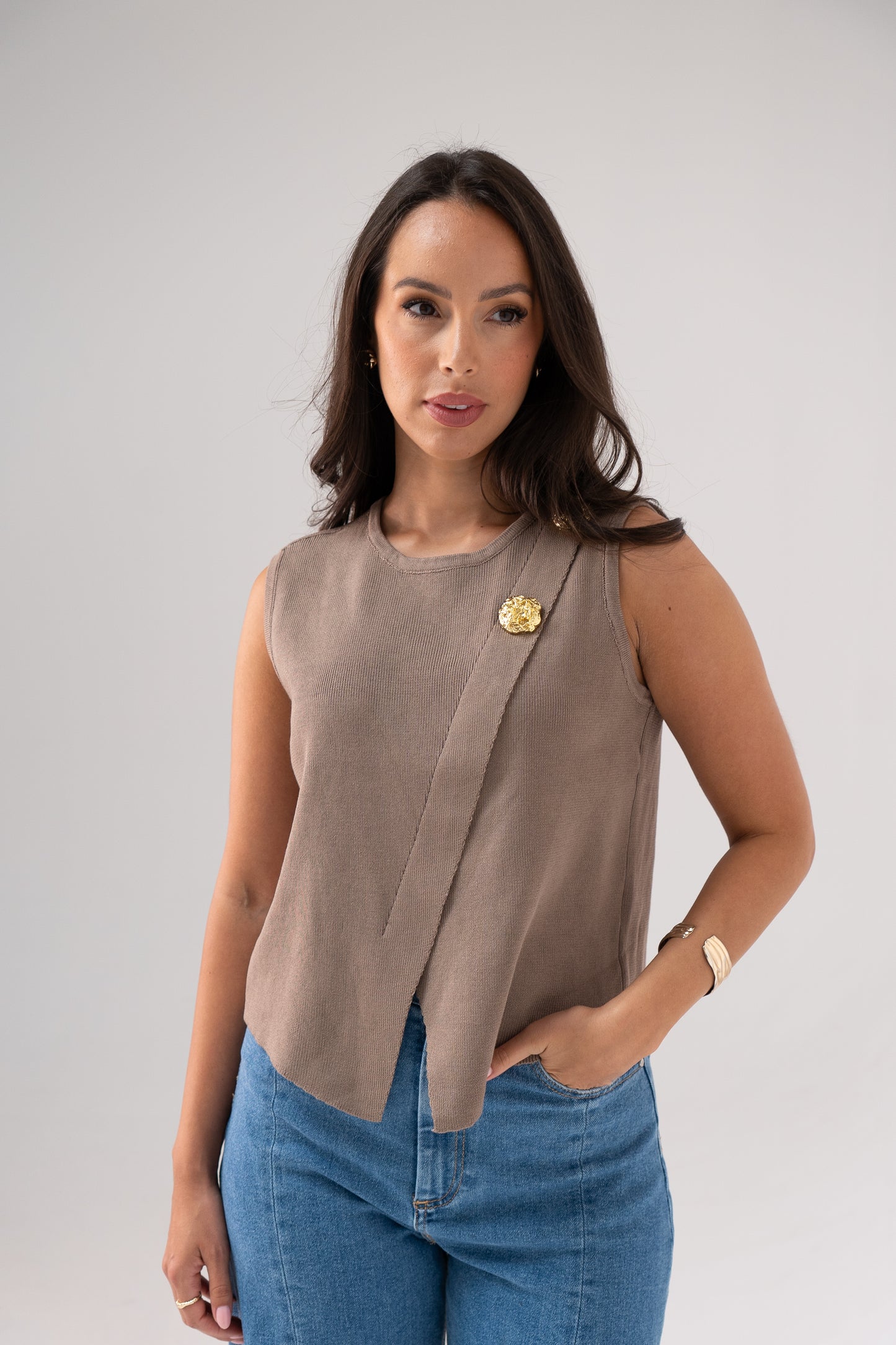 Taylor Asymmetric Sleeveless Knit In Taupe