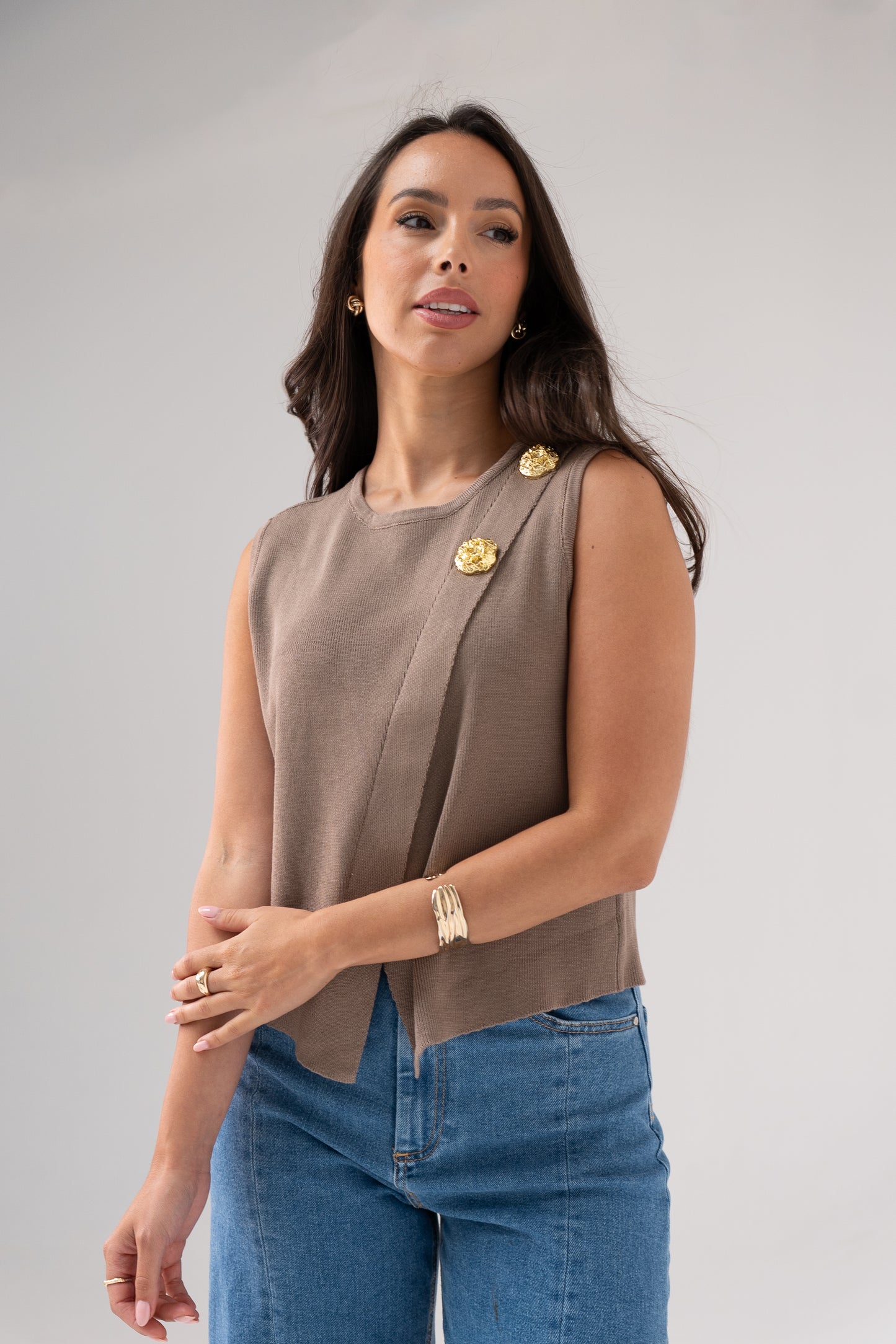 Taylor Asymmetric Sleeveless Knit In Taupe