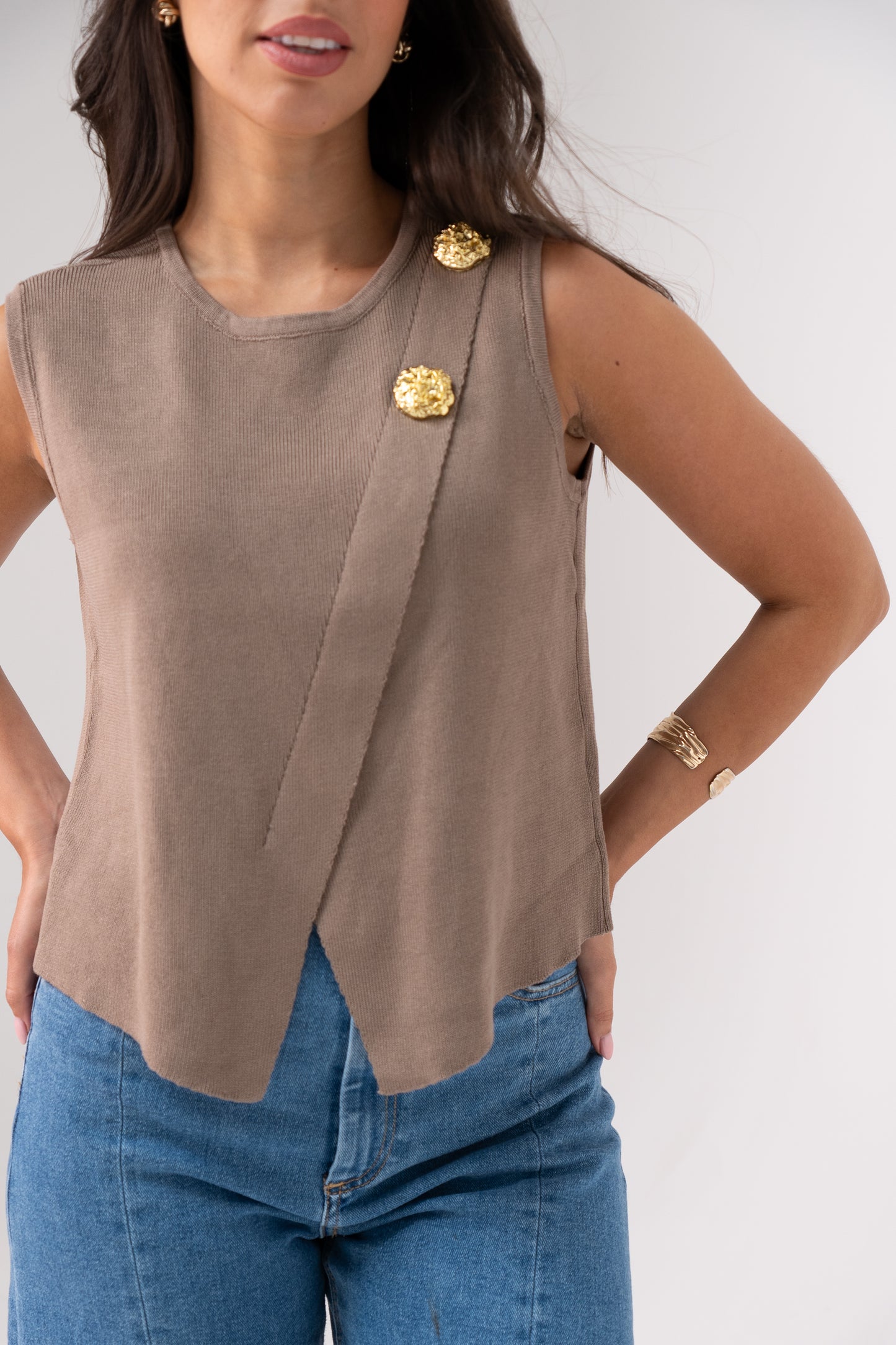 Taylor Asymmetric Sleeveless Knit In Taupe