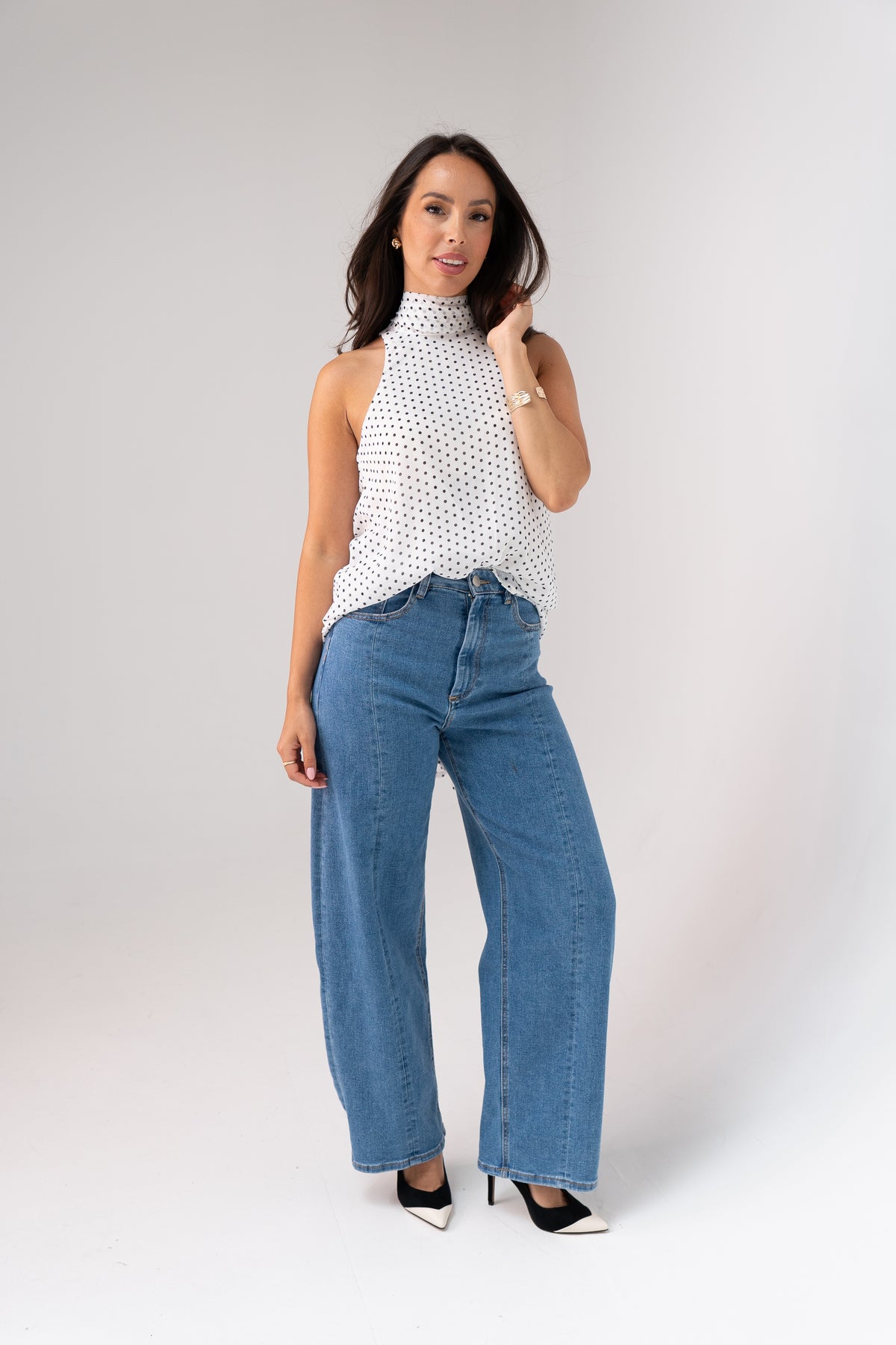 Taylor High Neck Polka Dot Top In White