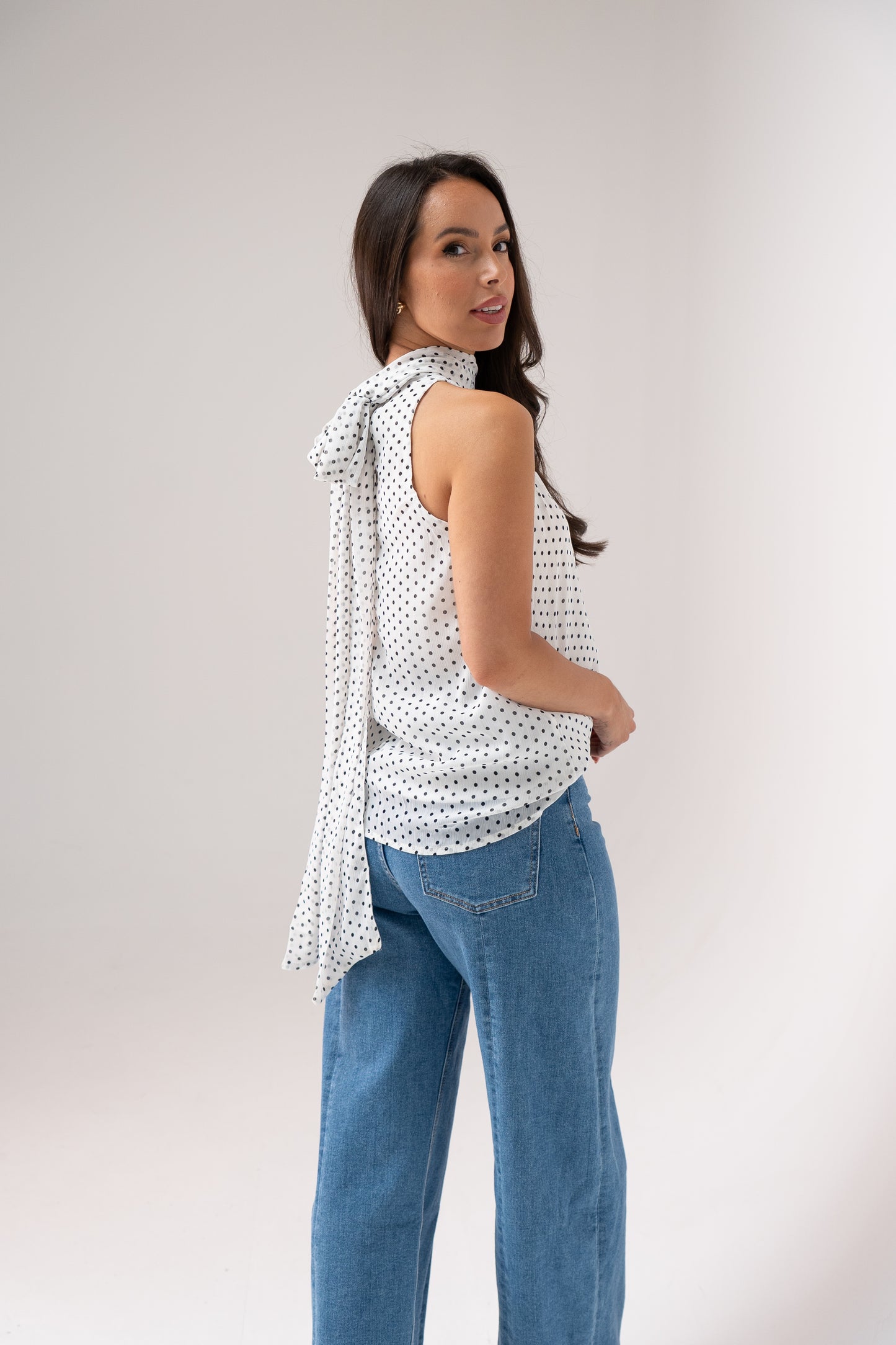 Taylor High Neck Polka Dot Top In White
