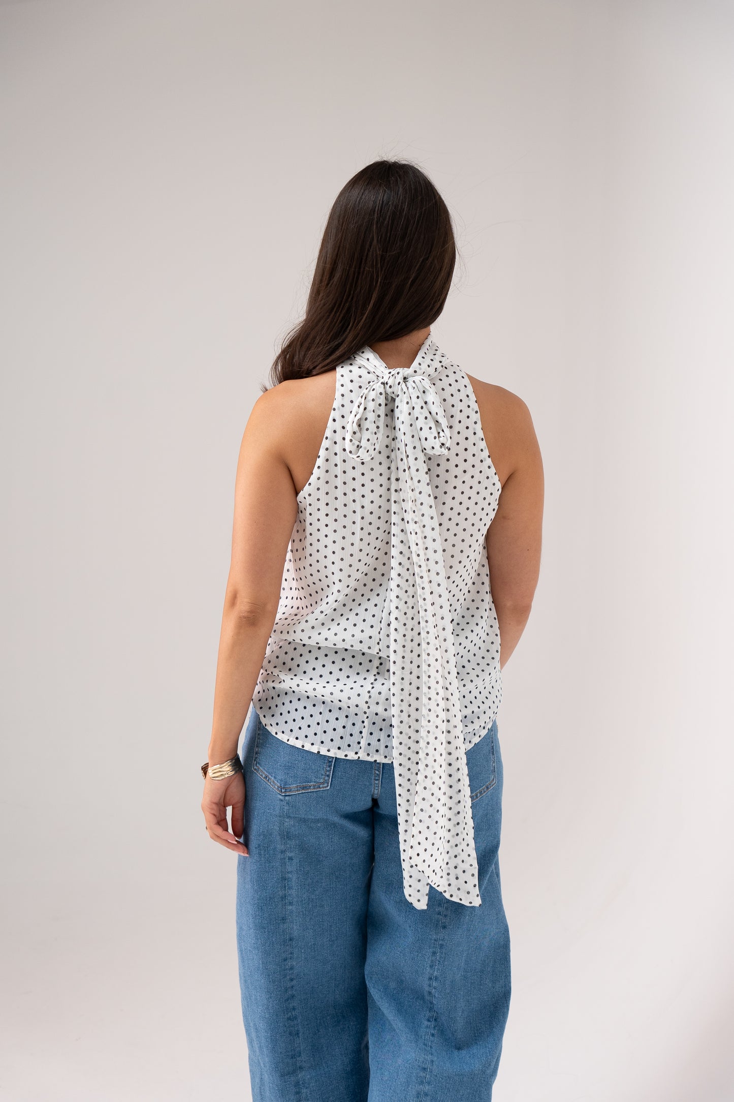 Taylor High Neck Polka Dot Top In White