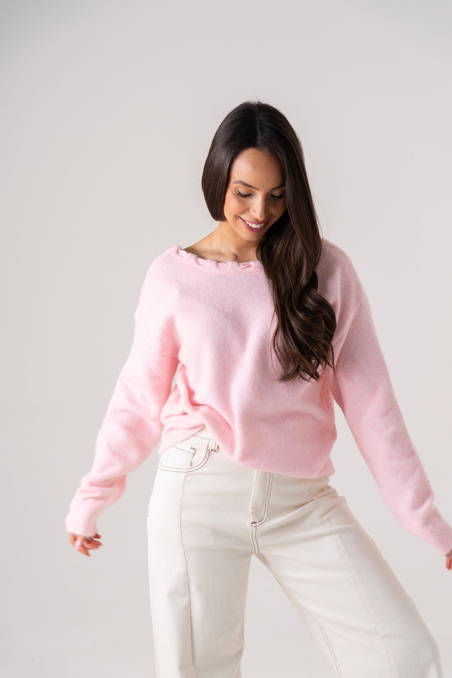 Ella Neck Detail Jumper In Pink