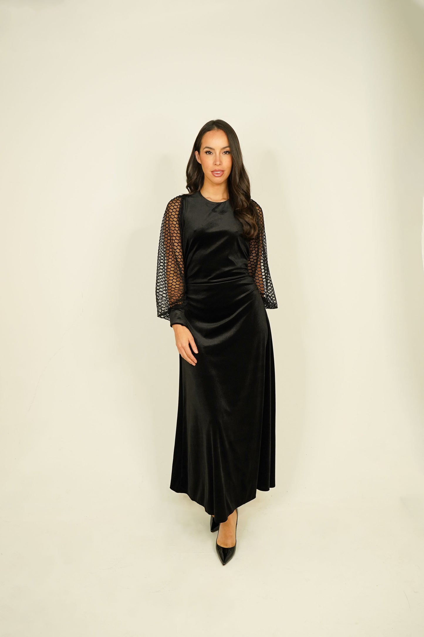 Eva Mesh Sleeve Velvet Dress In Black