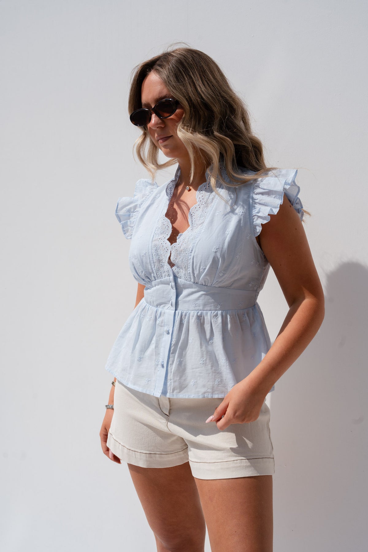 Elsa Broderie Anglaise Trim Top In Sky Blue