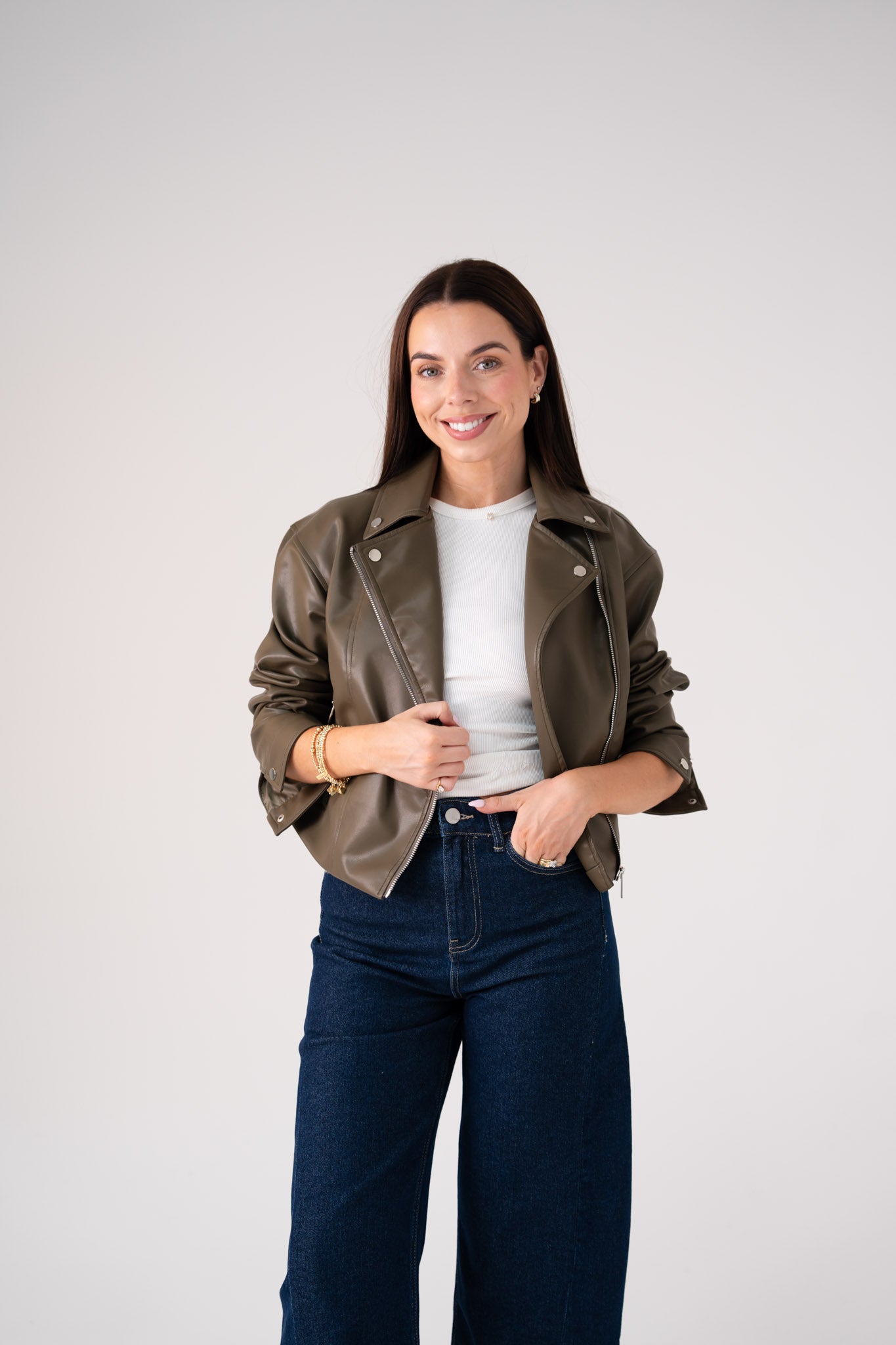 Love Laura Faux Leather Jacket In Khaki