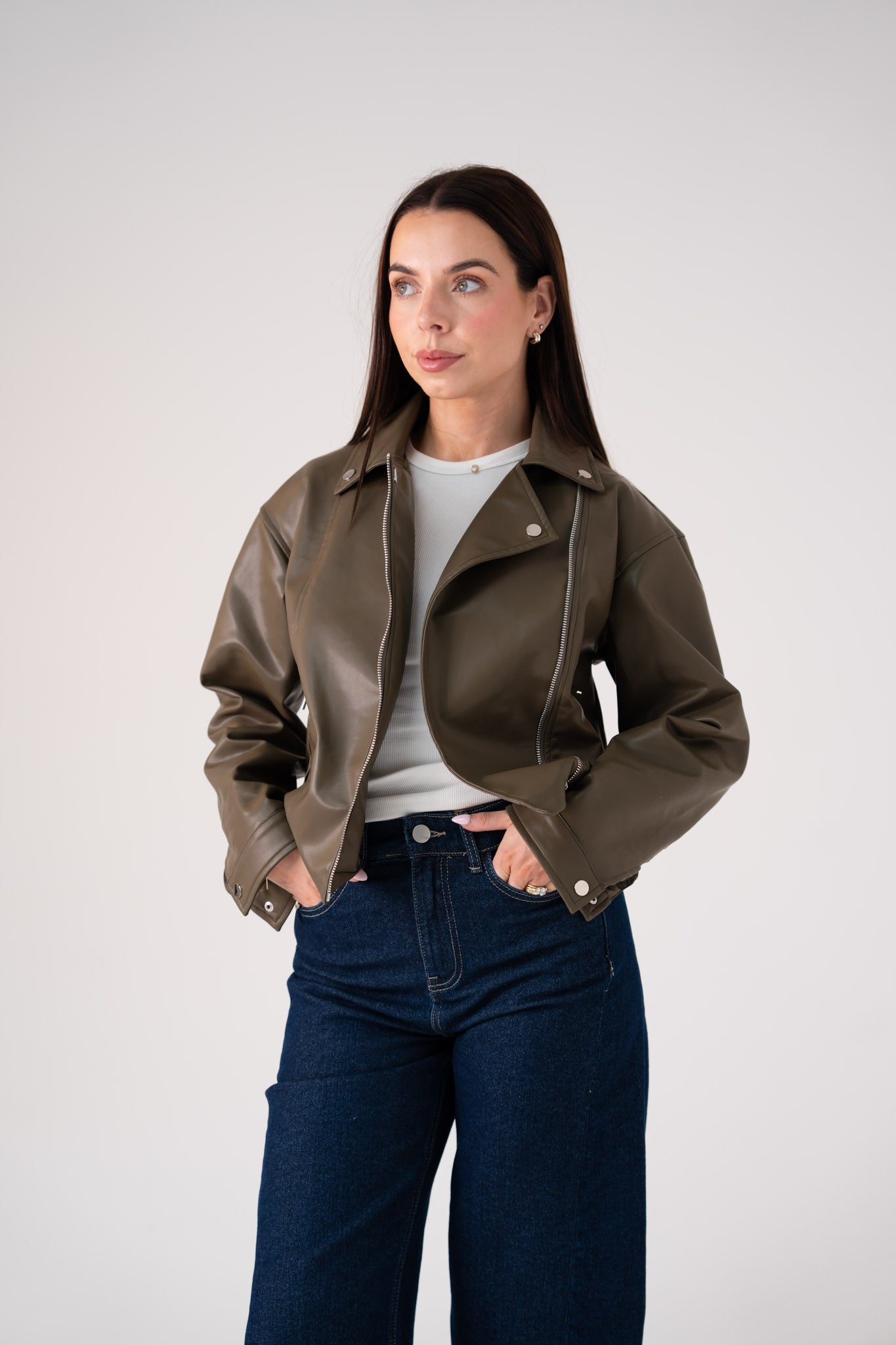 Love Laura Faux Leather Jacket In Khaki – The Walk in Wardrobe