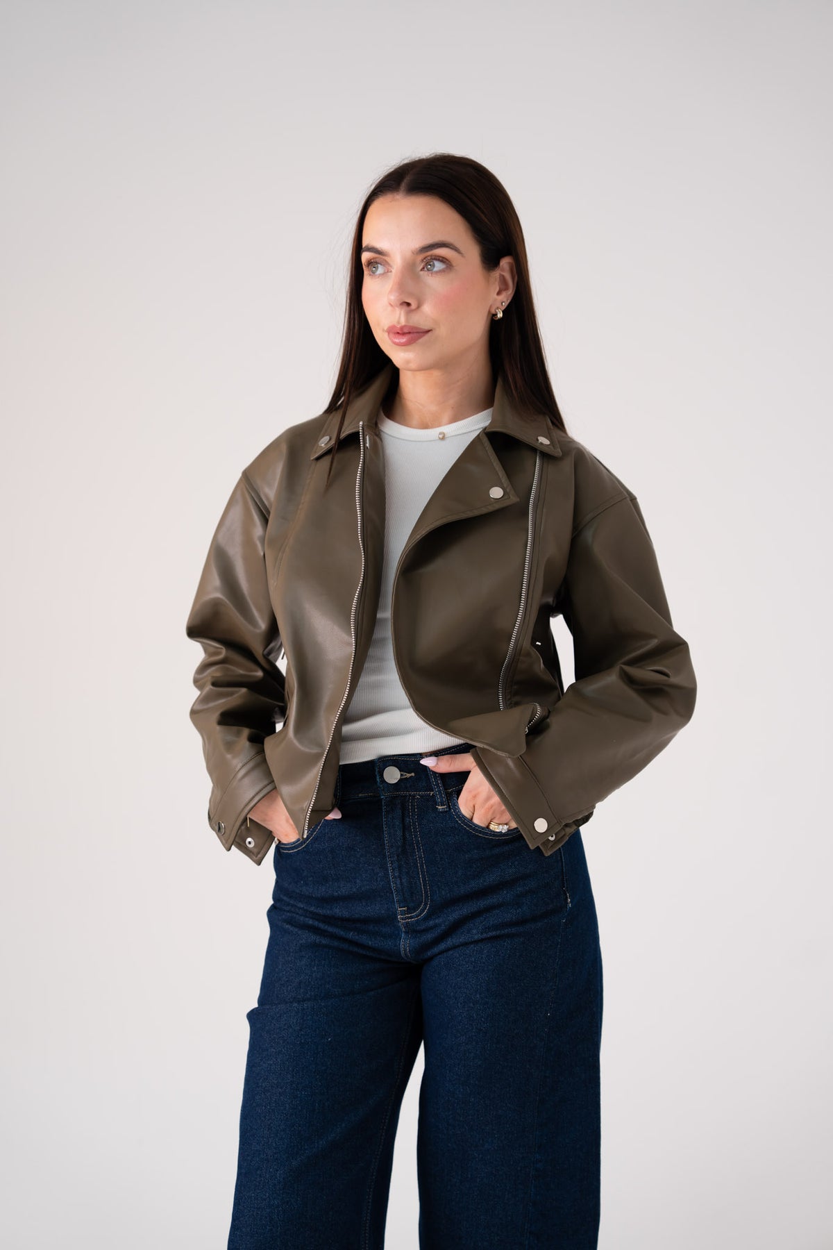 Love Laura Faux Leather Jacket In Khaki