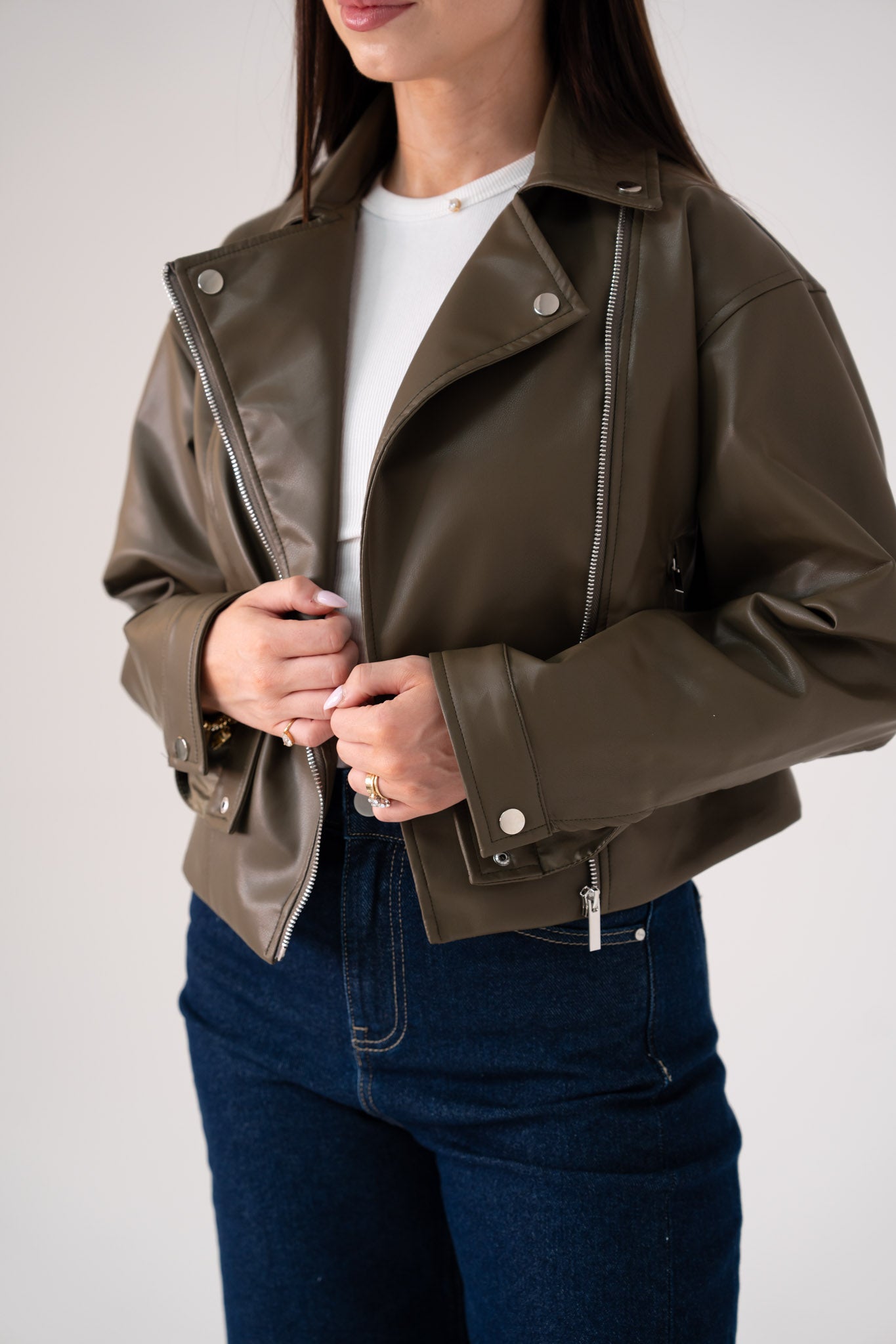 Love Laura Faux Leather Jacket In Khaki