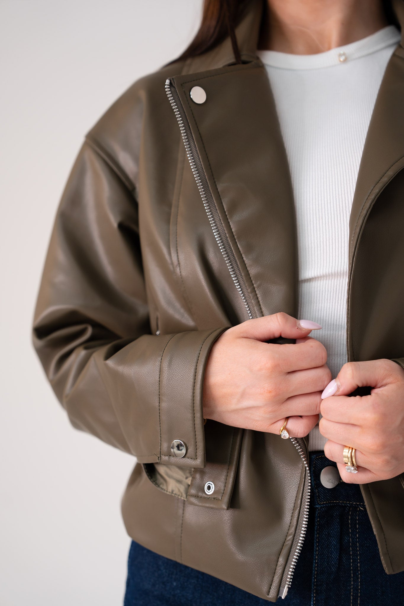 Love Laura Faux Leather Jacket In Khaki