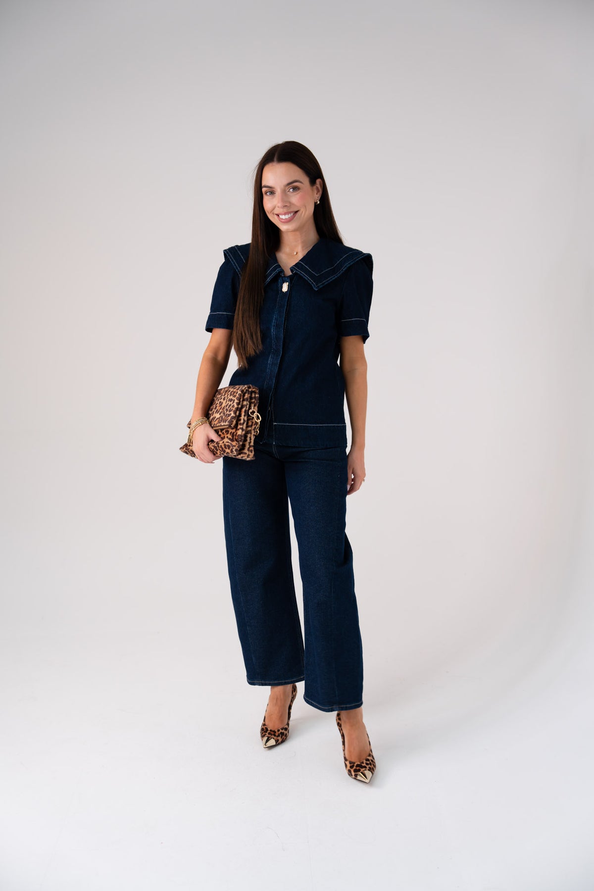 Love Laura Statement Collar Top In Dark Wash