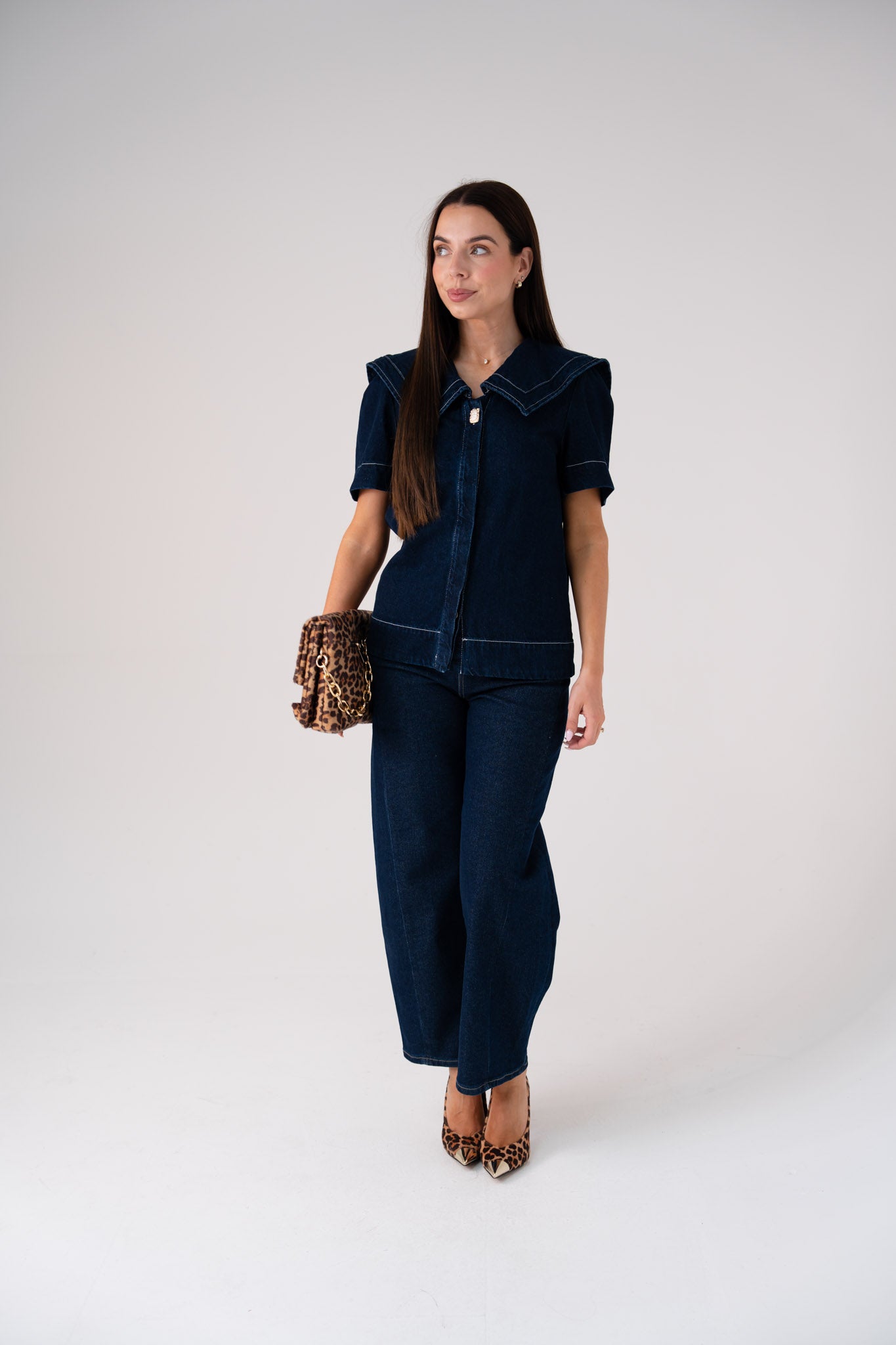 Love Laura Statement Collar Top In Dark Wash