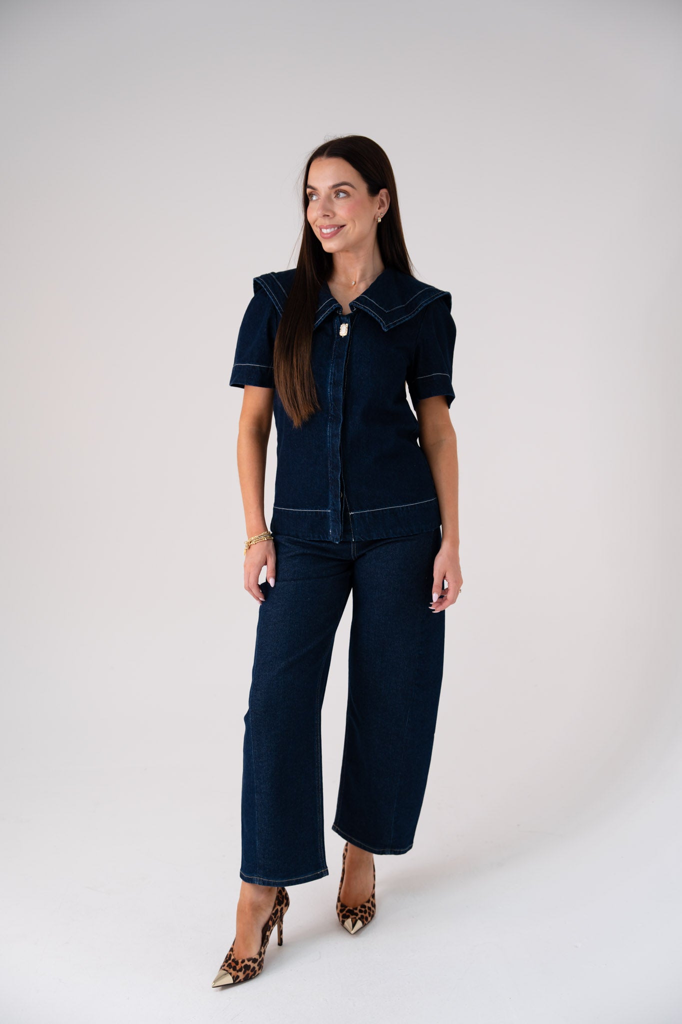 Love Laura Statement Collar Top In Dark Wash