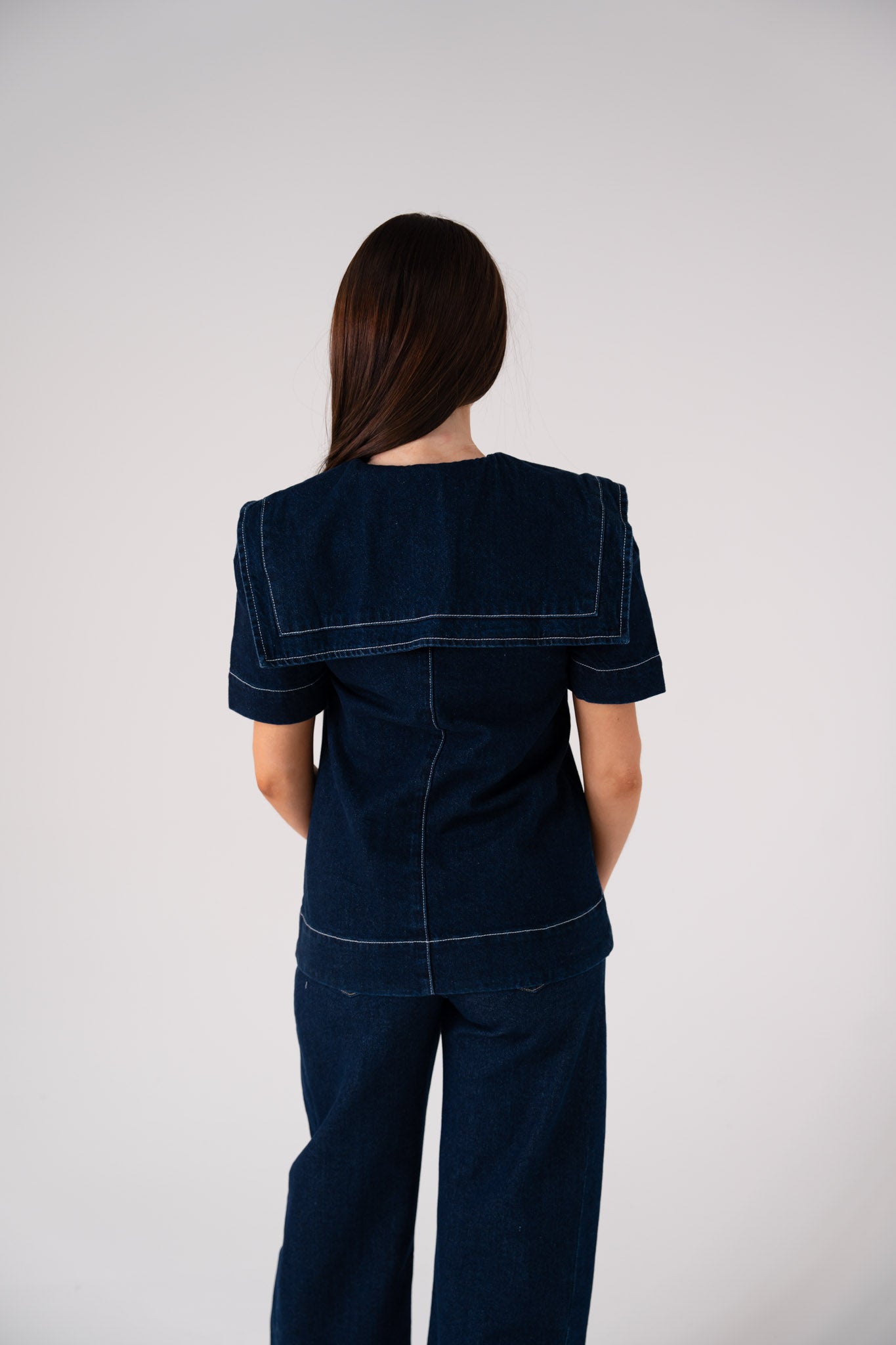 Love Laura Statement Collar Top In Dark Wash