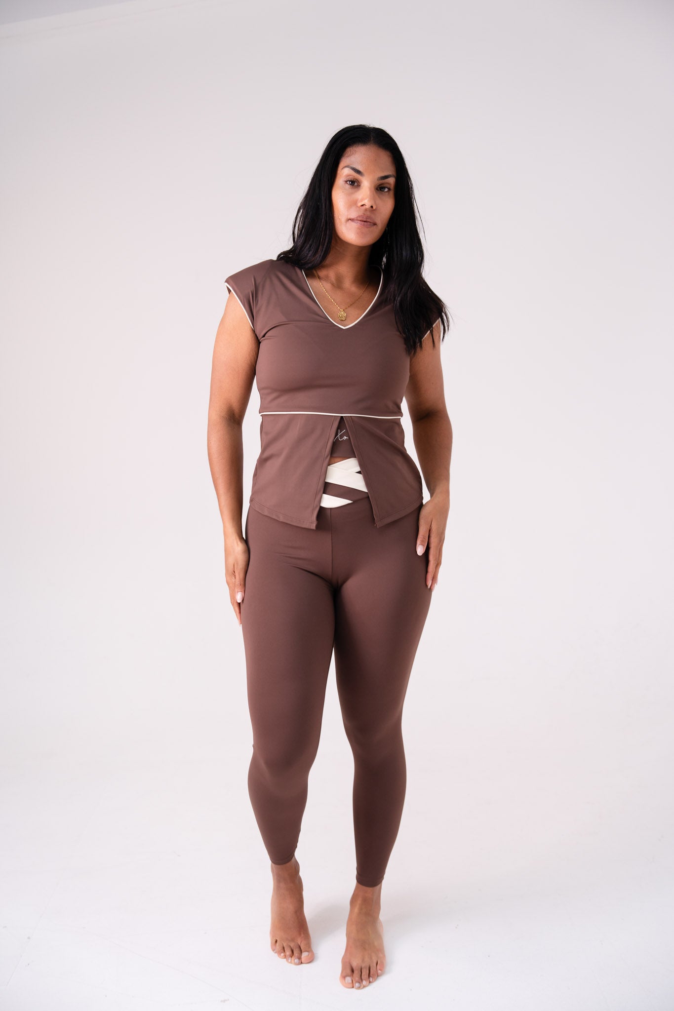 Love Laura Cream Trim Leggings In Chocolate
