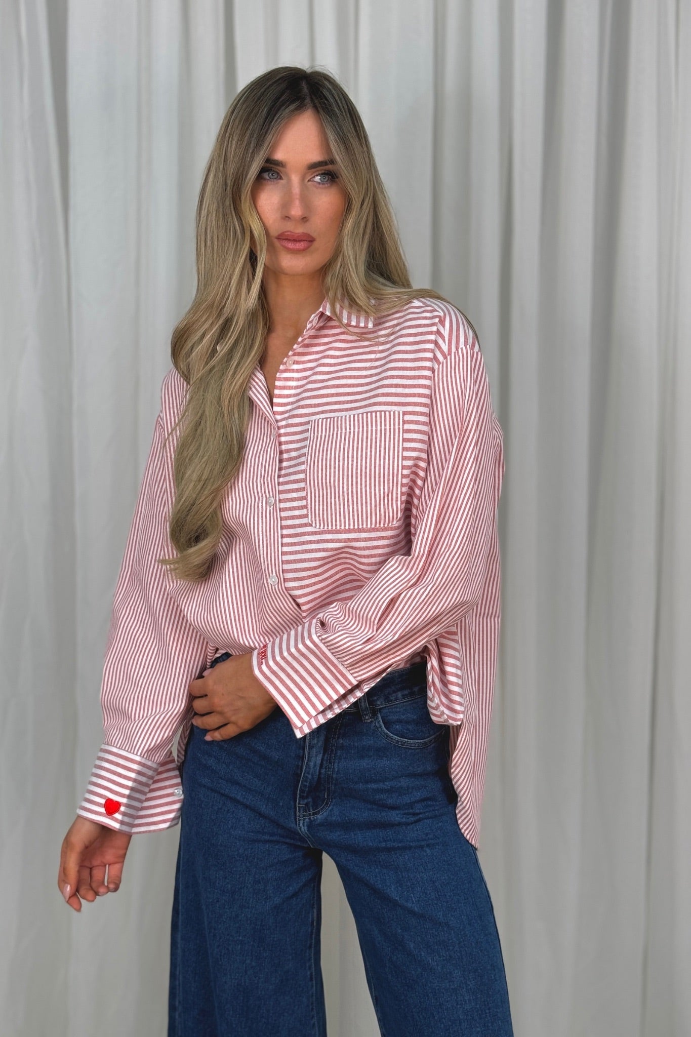 Millie Cuff Detail Stripe Shirt In Red