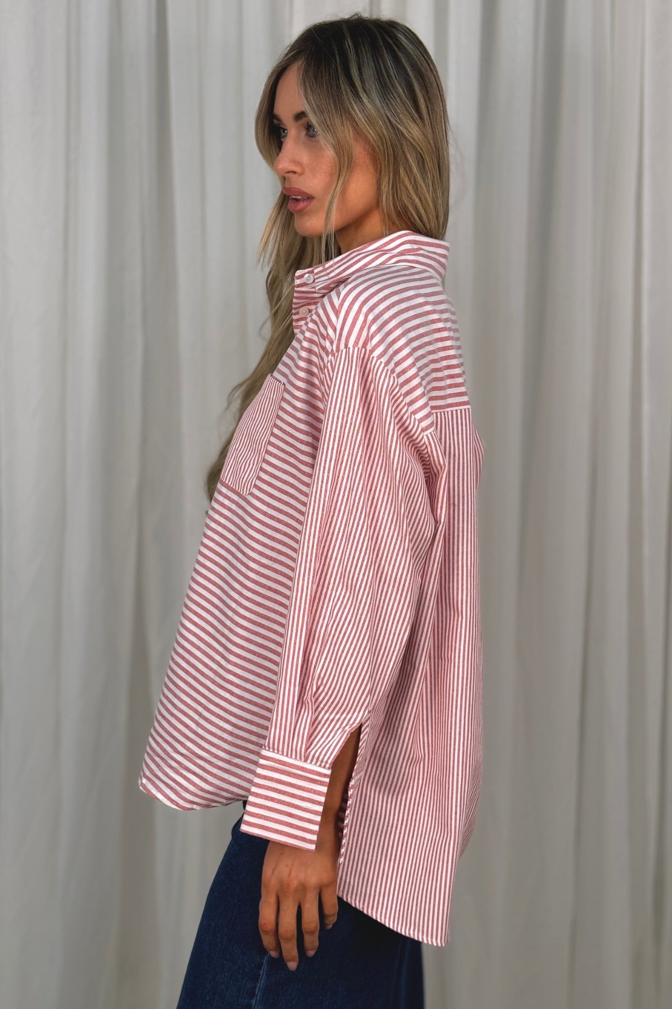 Millie Cuff Detail Stripe Shirt In Red